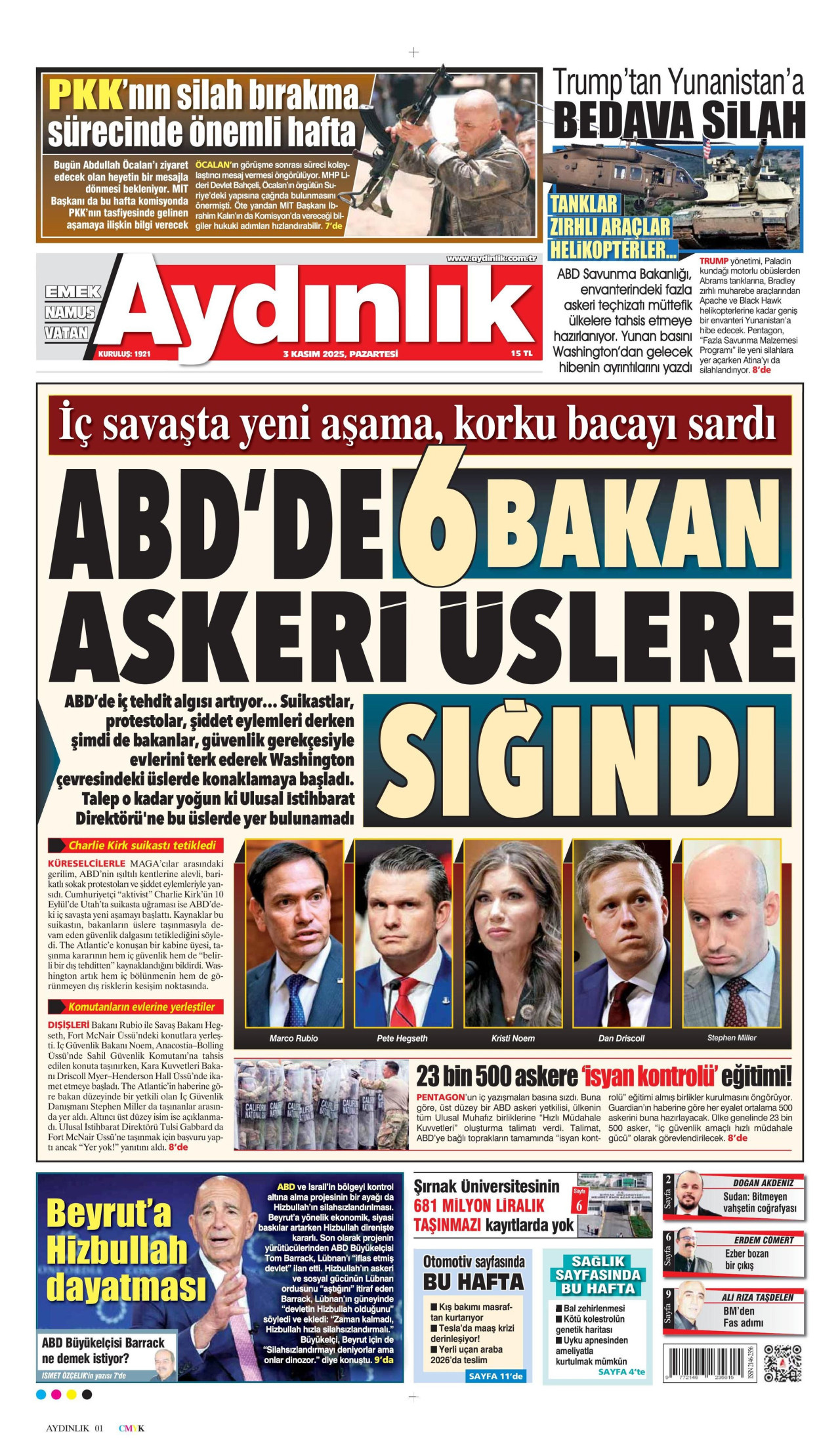 AYDINLIK GAZETESİ gazetesinin 3 Kasım 2025 tarihli birinci sayfası