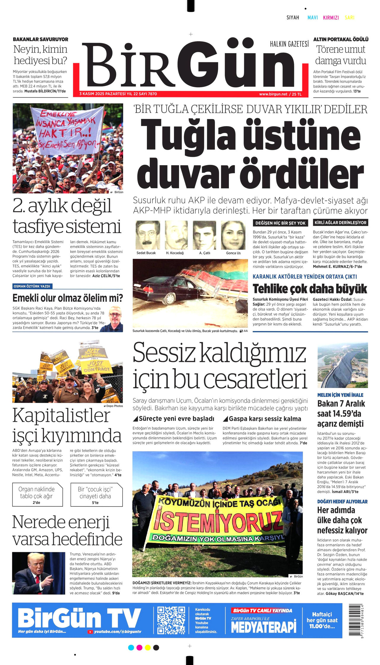 BİRGÜN gazetesinin 3 Kasım 2025 tarihli birinci sayfası