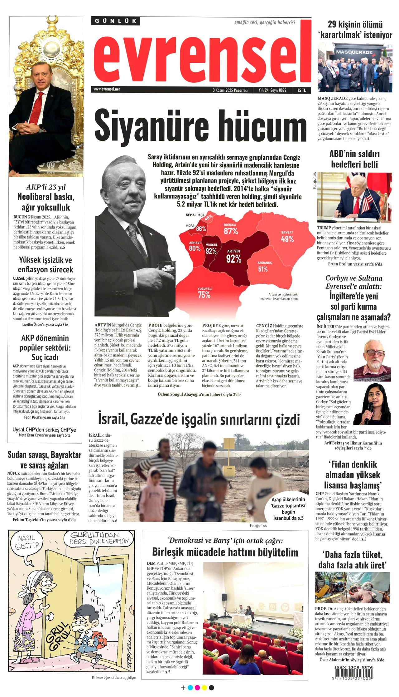 EVRENSEL gazetesinin 3 Kasım 2025 tarihli birinci sayfası