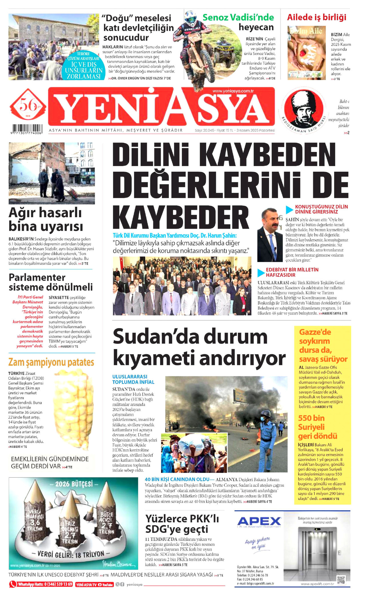 YENİ ASYA gazetesinin 3 Kasım 2025 tarihli birinci sayfası