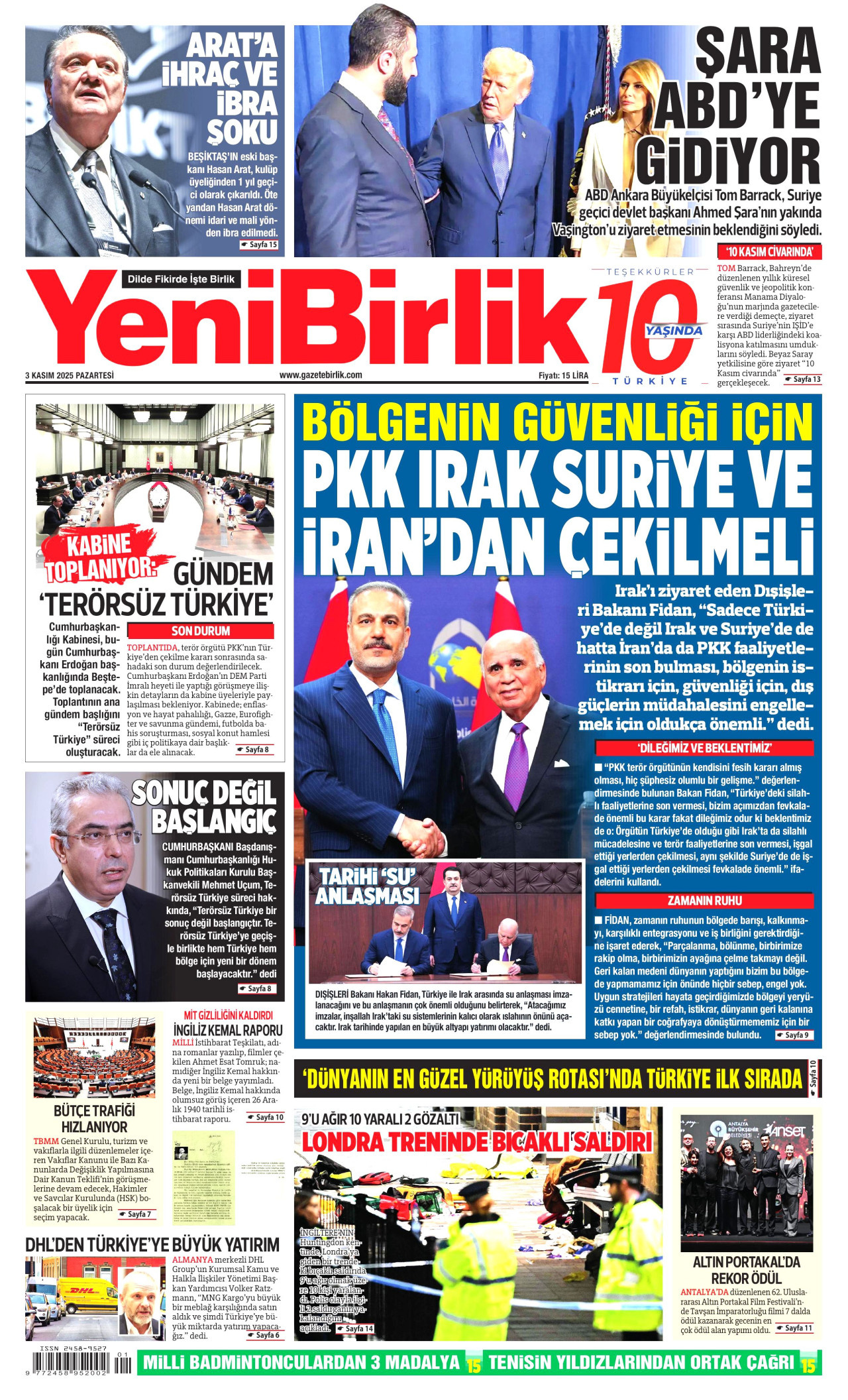 YENİBİRLİK gazetesinin 3 Kasım 2025 tarihli birinci sayfası