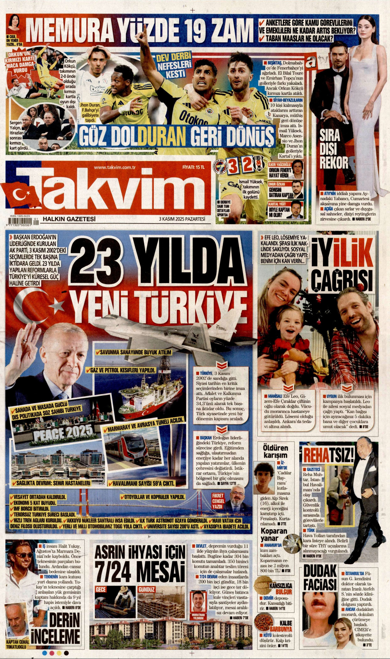 TAKVİM gazetesinin 3 Kasım 2025 tarihli birinci sayfası