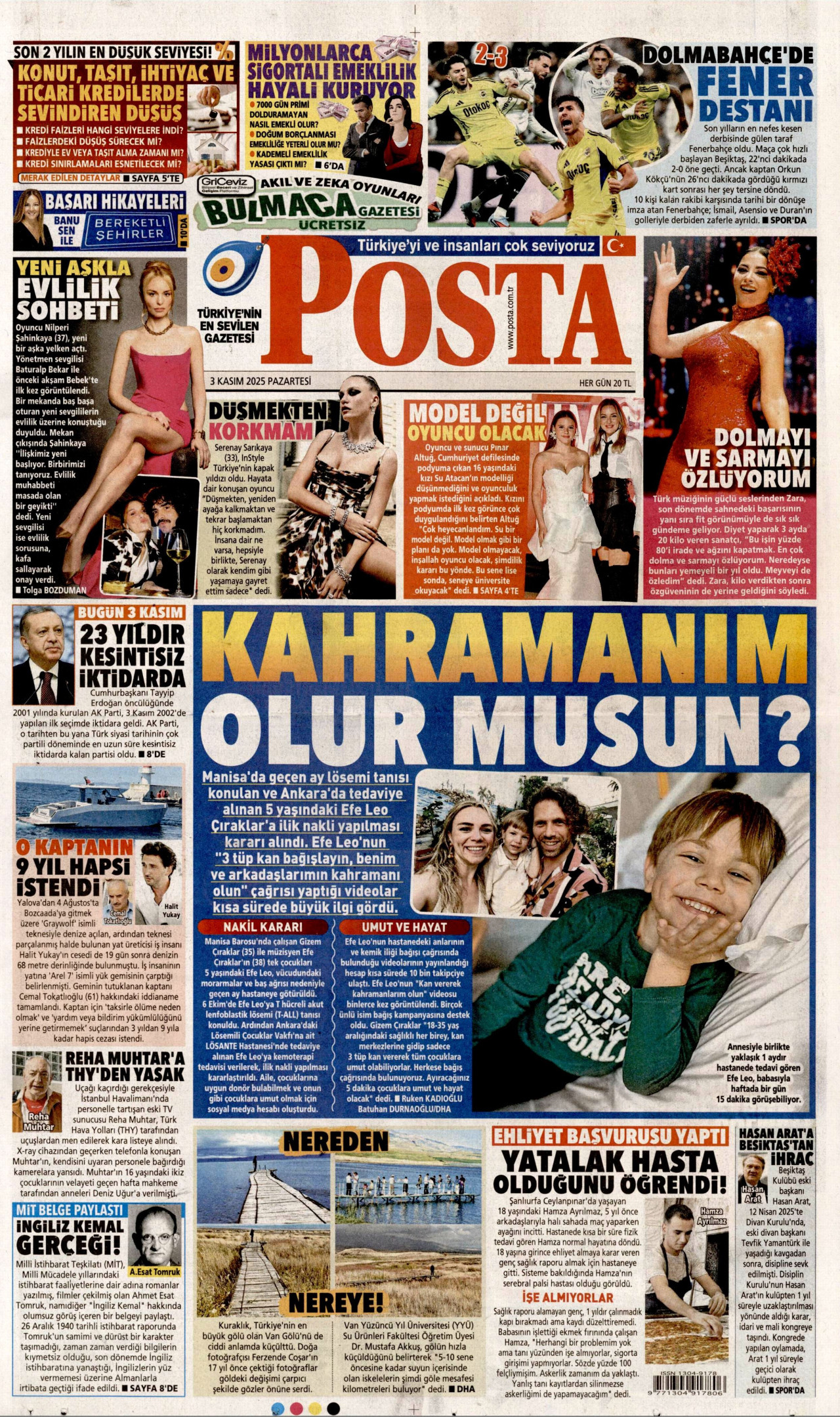 POSTA gazetesinin 3 Kasım 2025 tarihli birinci sayfası
