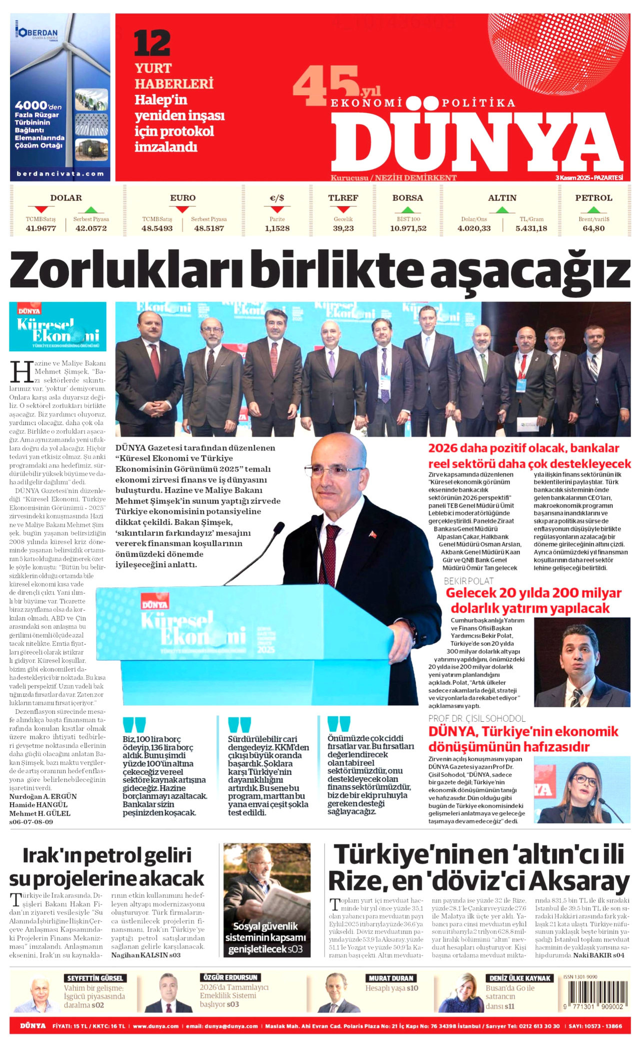 DÜNYA gazetesinin 3 Kasım 2025 tarihli birinci sayfası