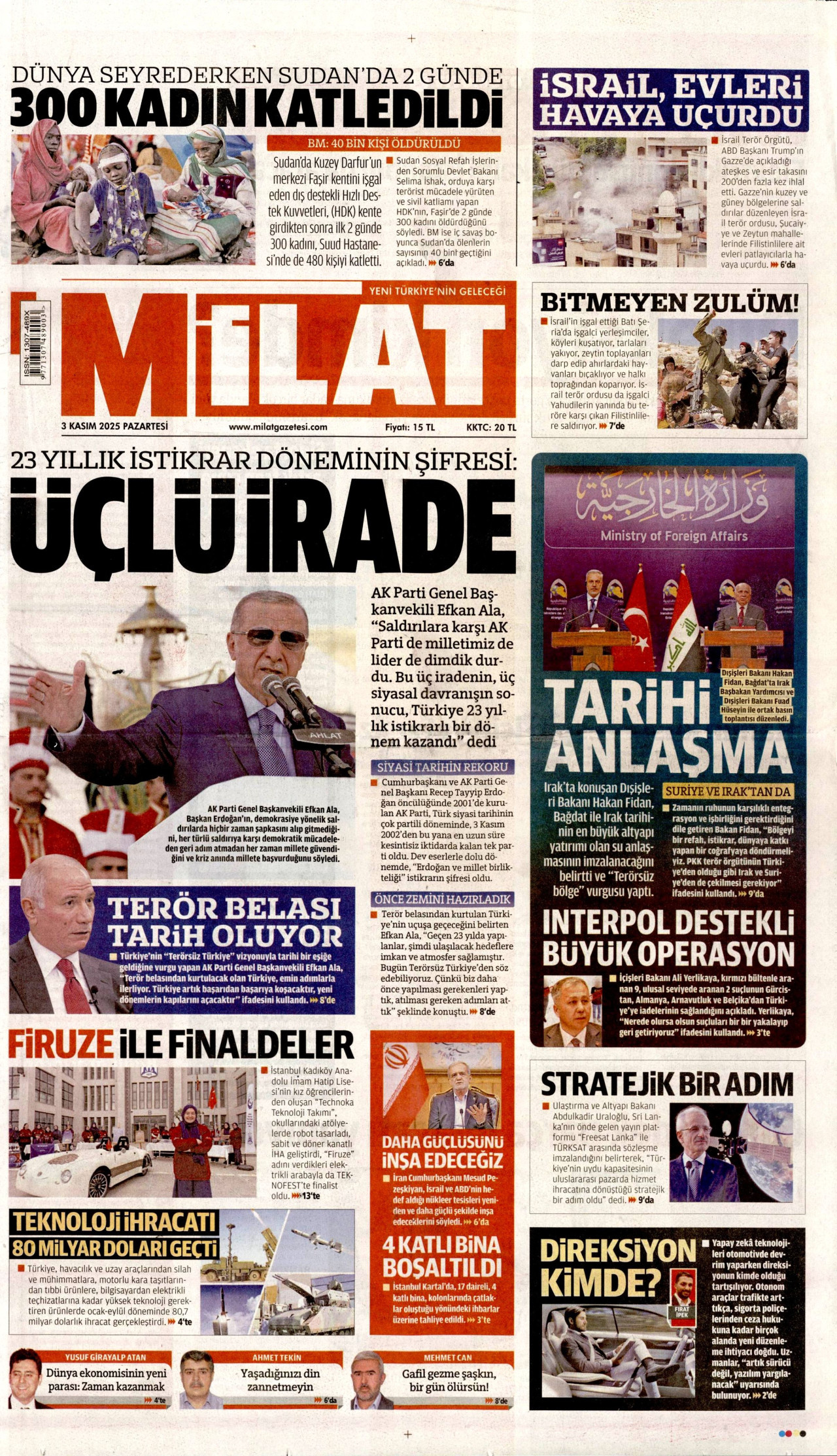 MİLAT gazetesinin 3 Kasım 2025 tarihli birinci sayfası
