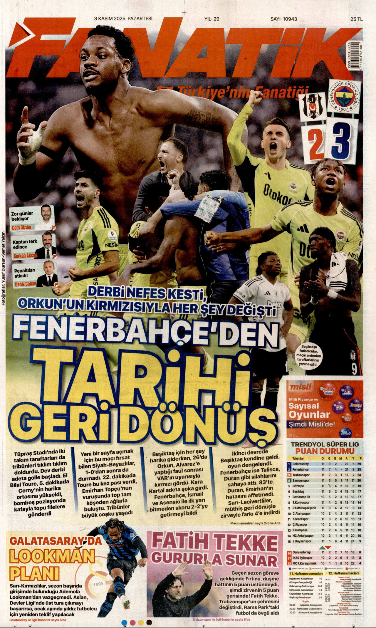 FANATİK gazetesinin 3 Kasım 2025 tarihli birinci sayfası