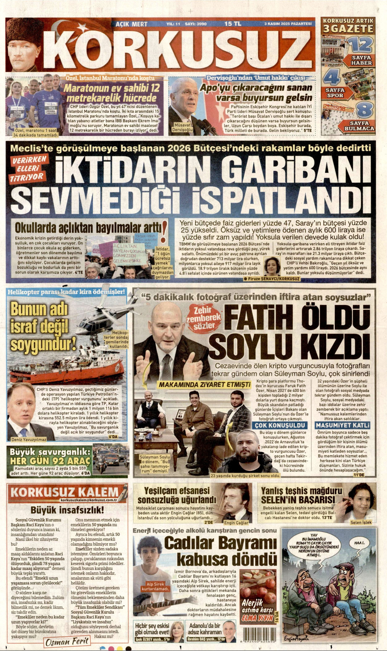 KORKUSUZ gazetesinin 3 Kasım 2025 tarihli birinci sayfası