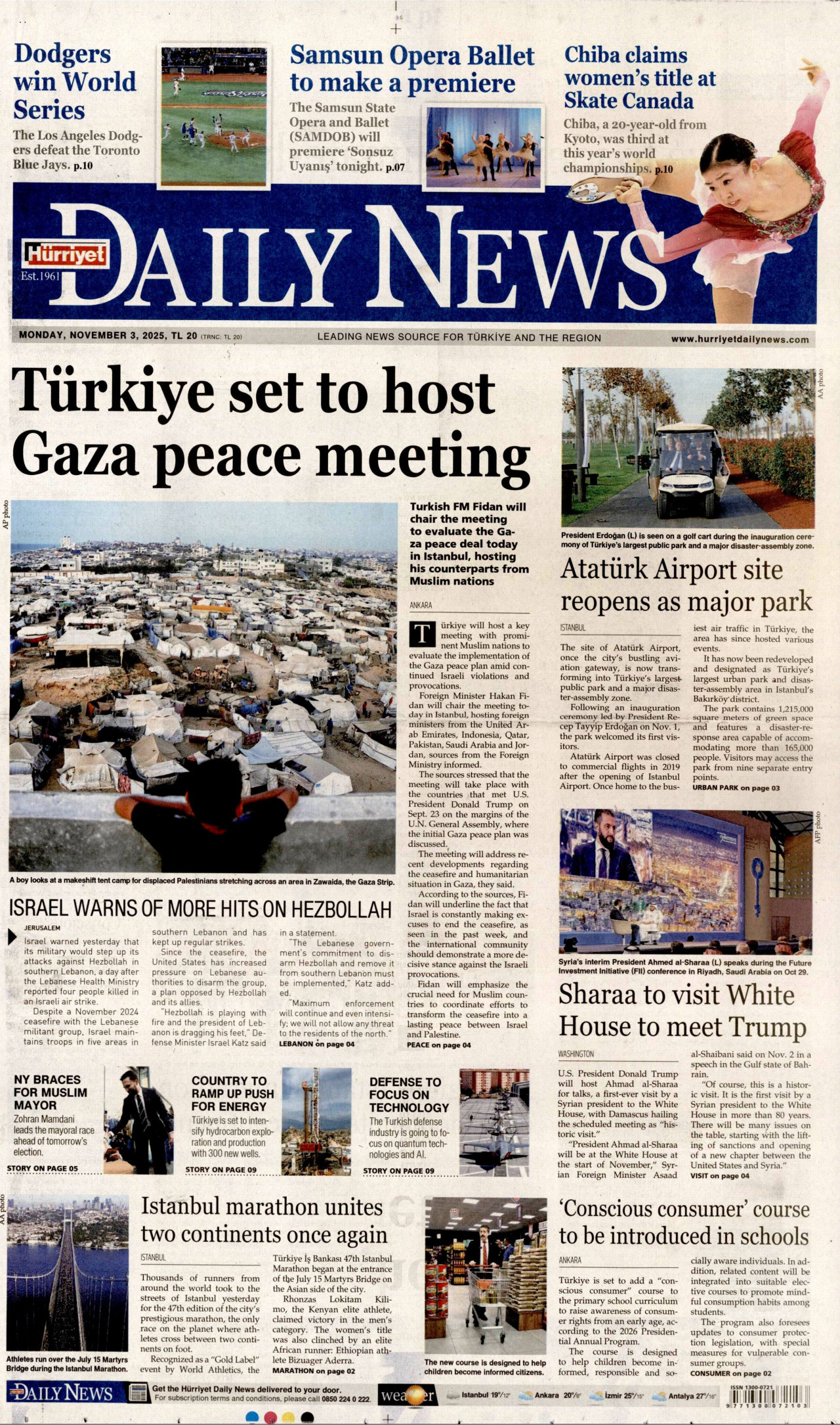 HÜRRİYET DAİLY NEWS gazetesinin 3 Kasım 2025 tarihli birinci sayfası