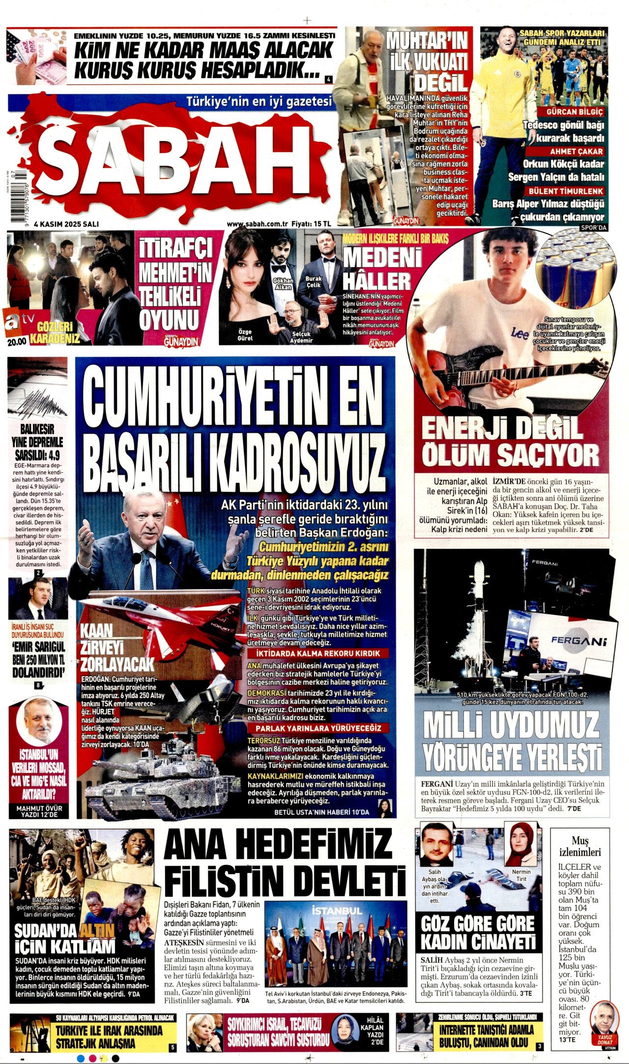 SABAH gazetesinin 4 Kasım 2025 tarihli birinci sayfası