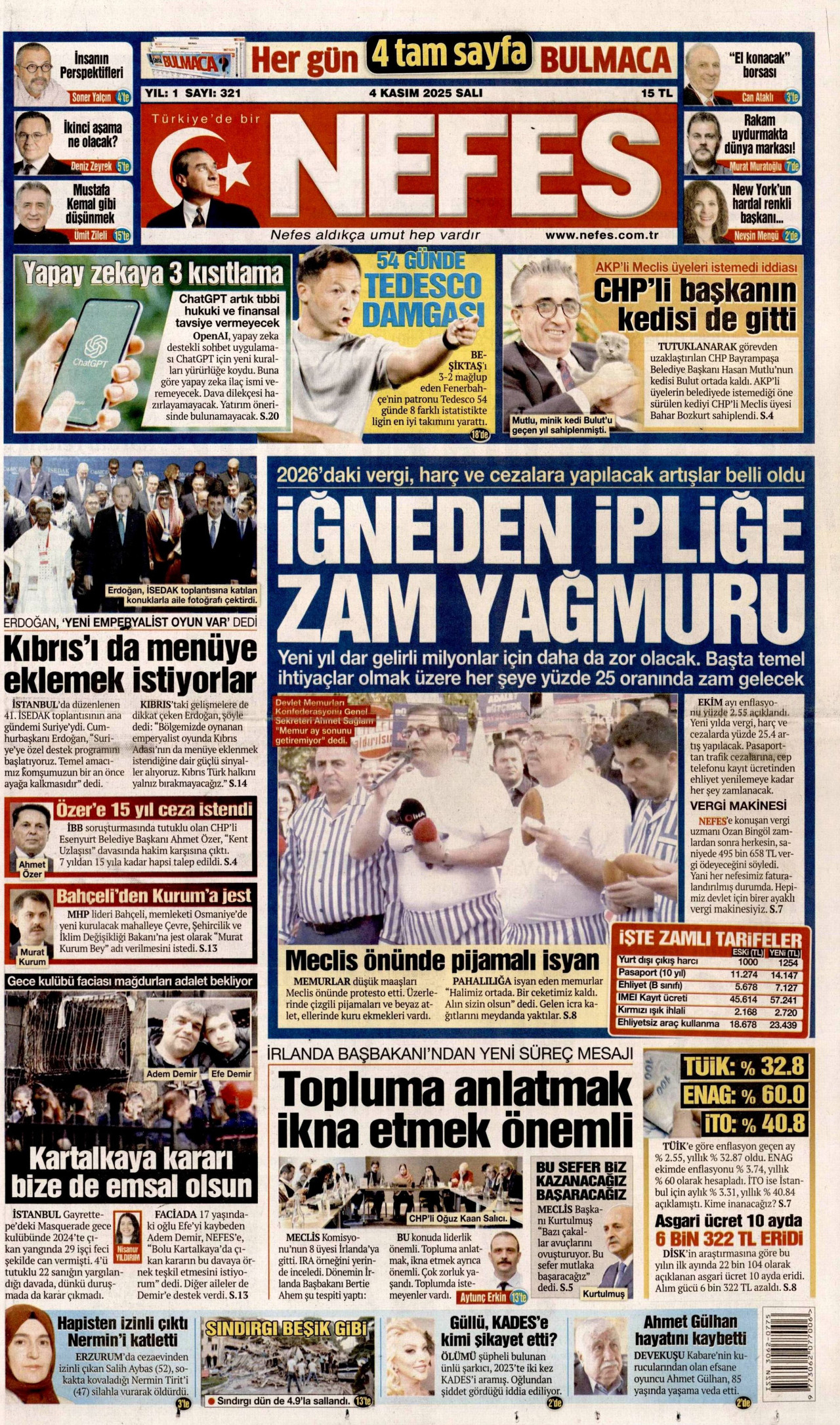 NEFES gazetesinin 4 Kasım 2025 tarihli birinci sayfası