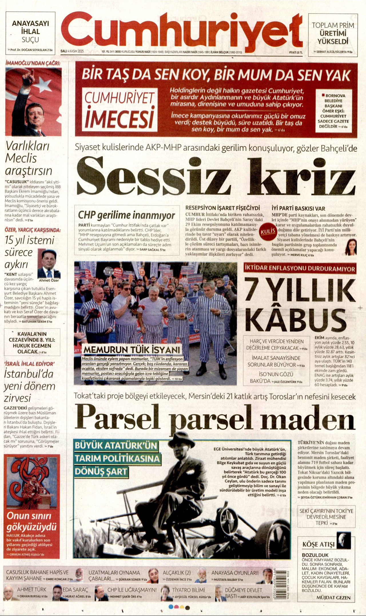 CUMHURİYET gazetesinin 4 Kasım 2025 tarihli birinci sayfası