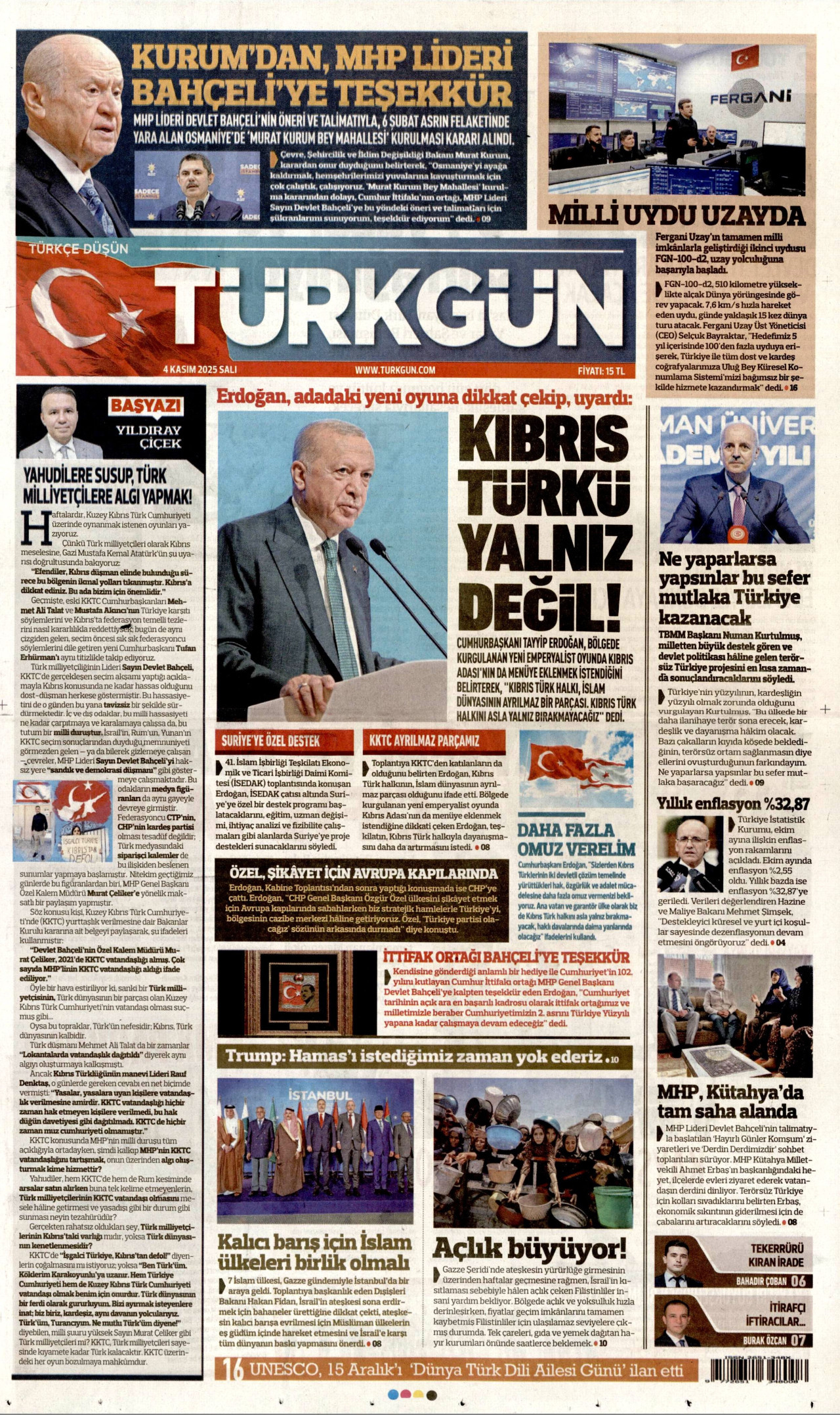 TÜRKGÜN gazetesinin 4 Kasım 2025 tarihli birinci sayfası