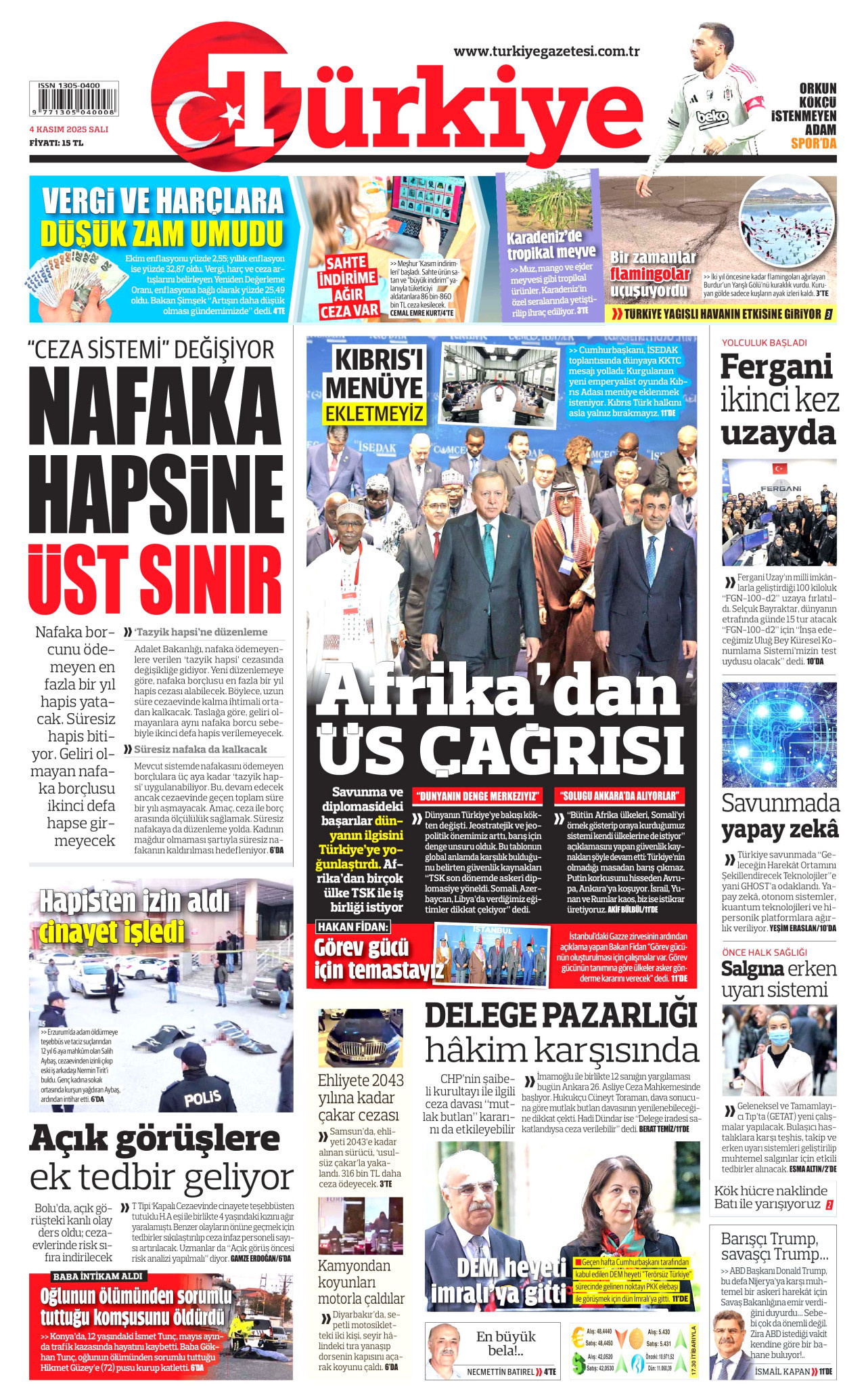 TÜRKİYE GAZETESİ gazetesinin 4 Kasım 2025 tarihli birinci sayfası