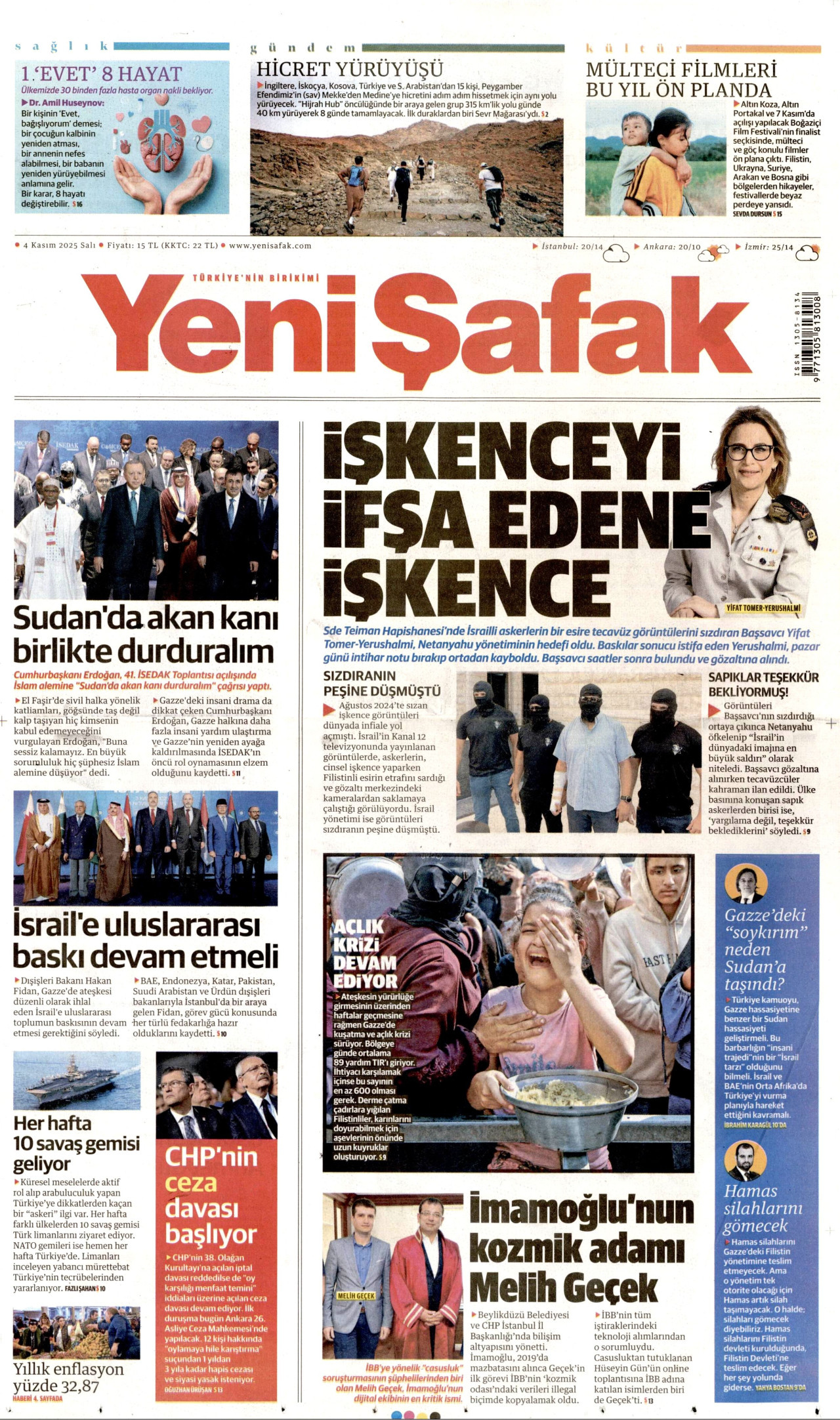 YENİ ŞAFAK gazetesinin 4 Kasım 2025 tarihli birinci sayfası