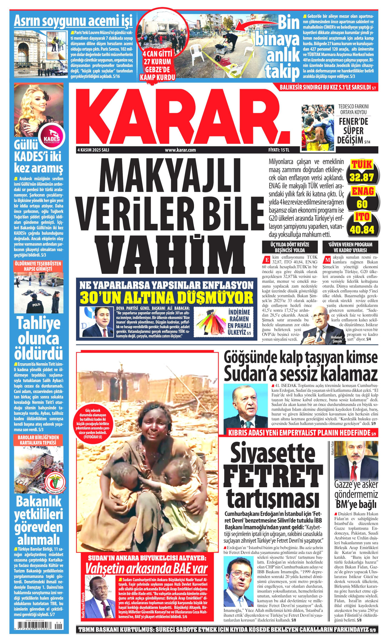 KARAR gazetesinin 4 Kasım 2025 tarihli birinci sayfası