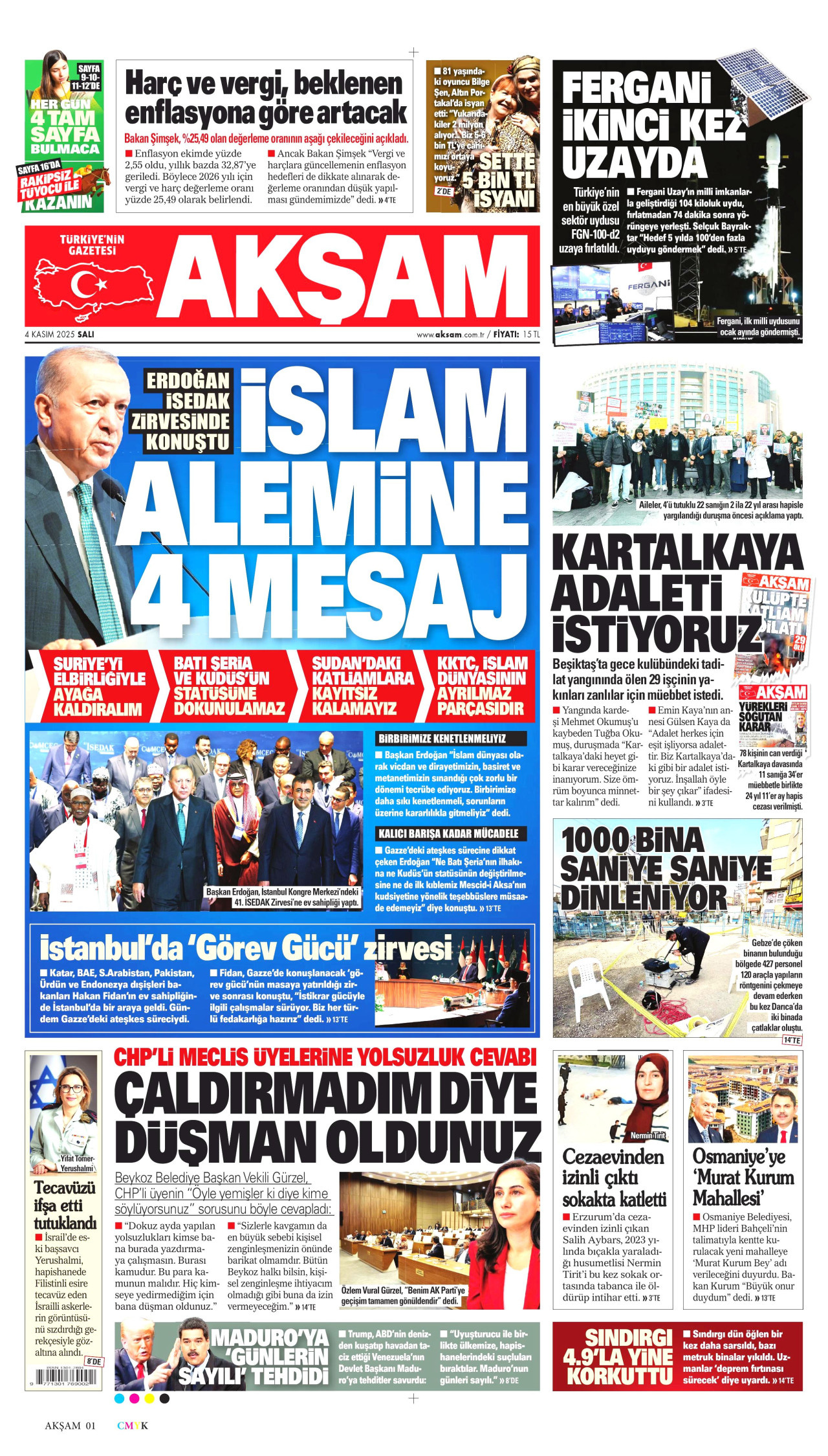 AKŞAM gazetesinin 4 Kasım 2025 tarihli birinci sayfası