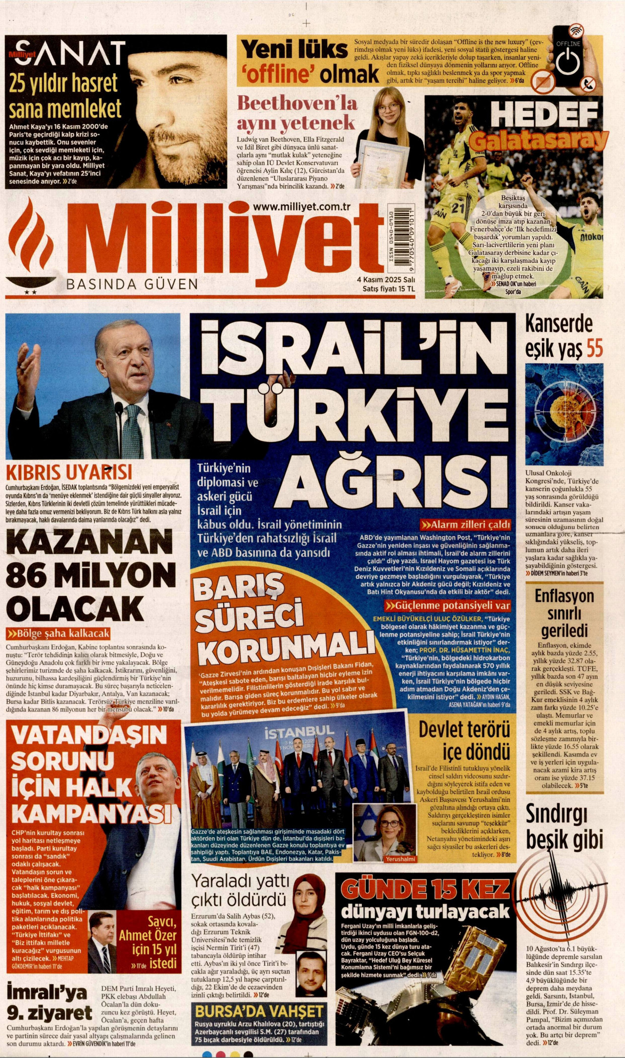 MİLLİYET gazetesinin 4 Kasım 2025 tarihli birinci sayfası