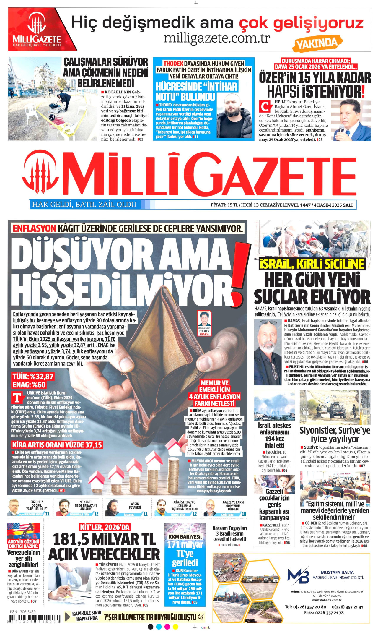 MİLLİ GAZETE gazetesinin 4 Kasım 2025 tarihli birinci sayfası