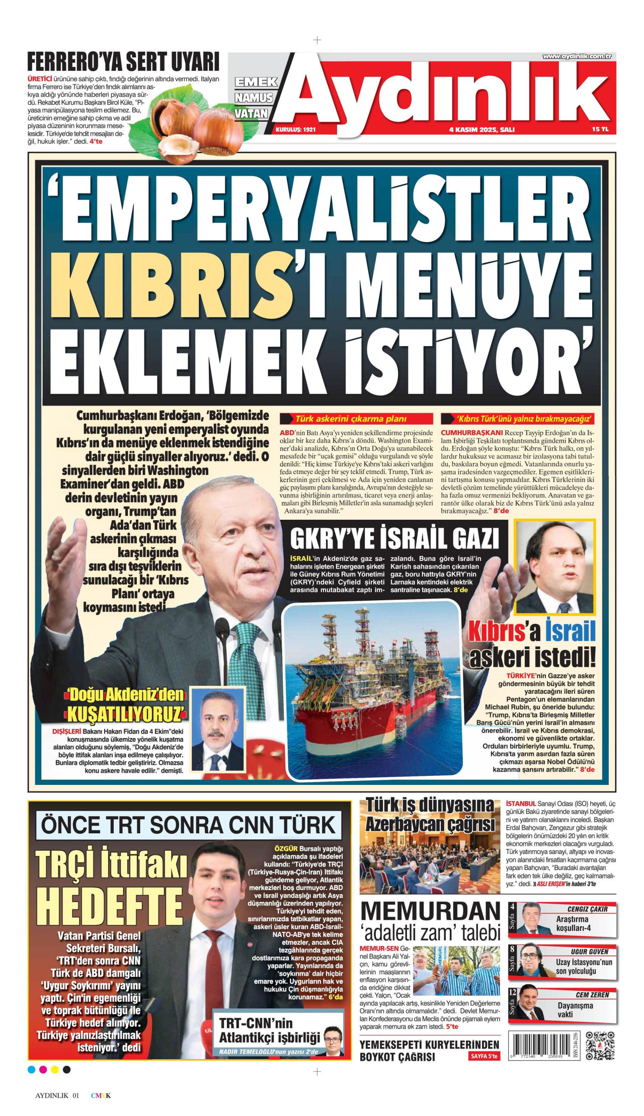 AYDINLIK GAZETESİ gazetesinin 4 Kasım 2025 tarihli birinci sayfası