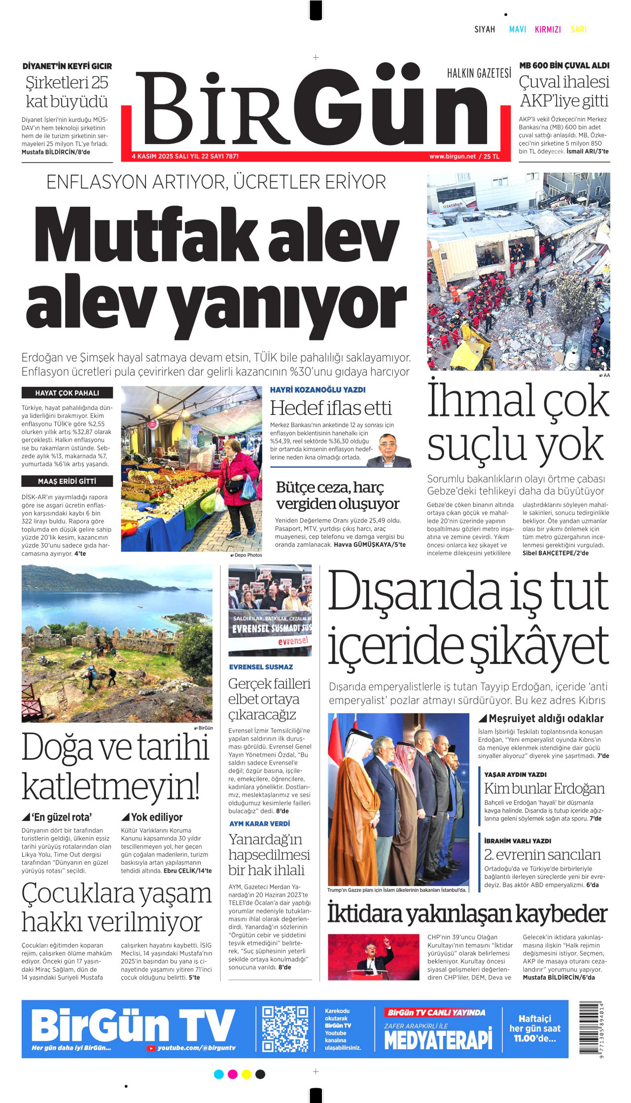 BİRGÜN gazetesinin 4 Kasım 2025 tarihli birinci sayfası