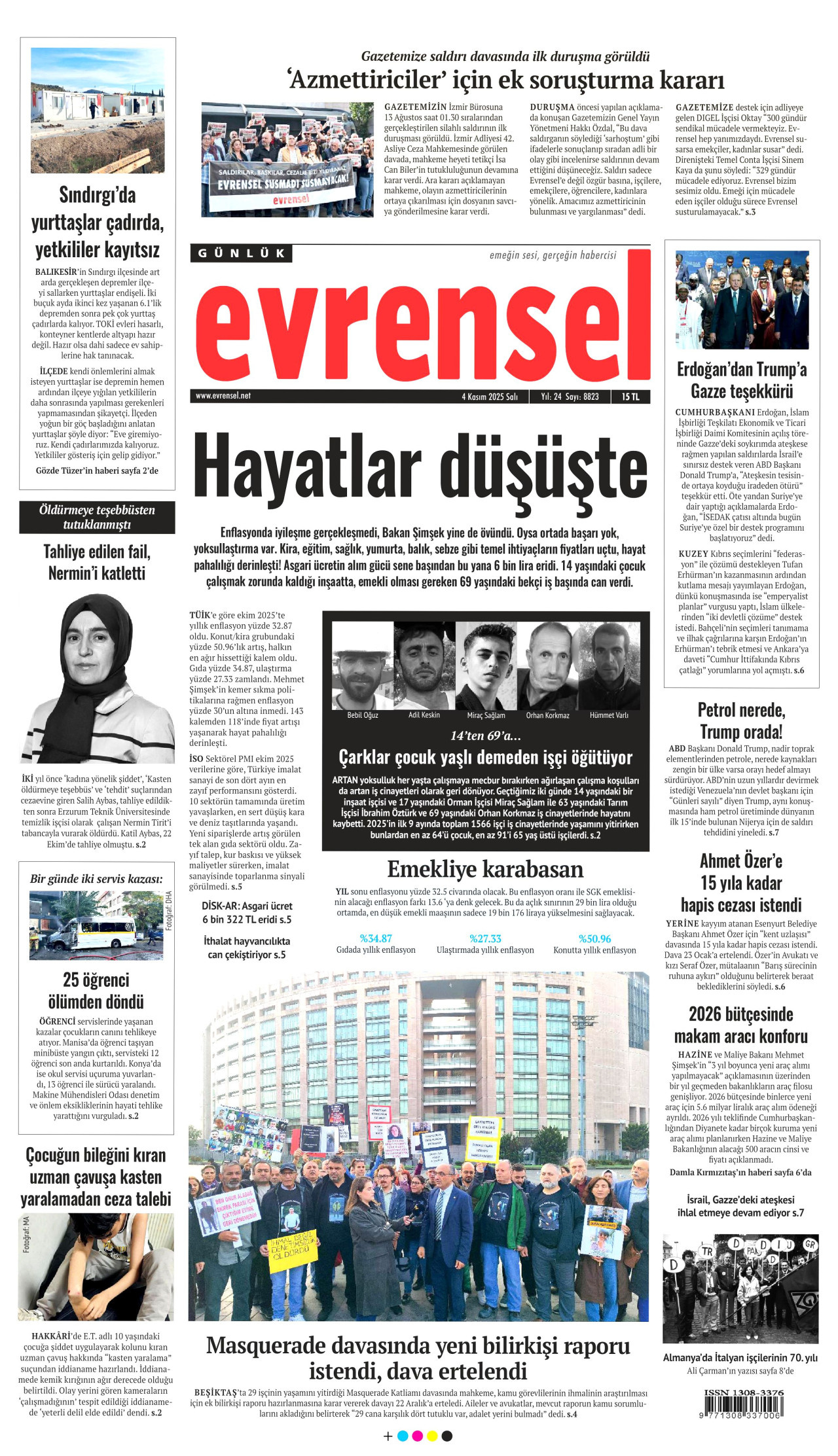 EVRENSEL gazetesinin 4 Kasım 2025 tarihli birinci sayfası