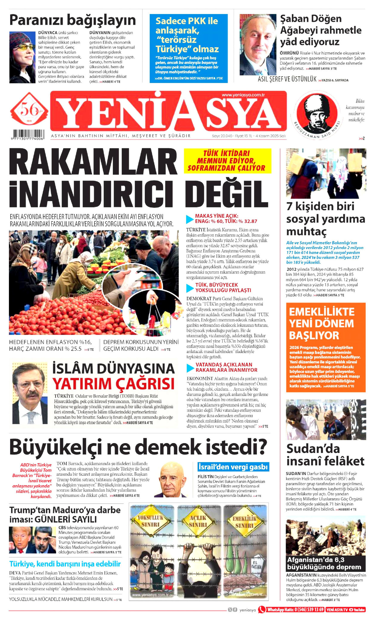 YENİ ASYA gazetesinin 4 Kasım 2025 tarihli birinci sayfası