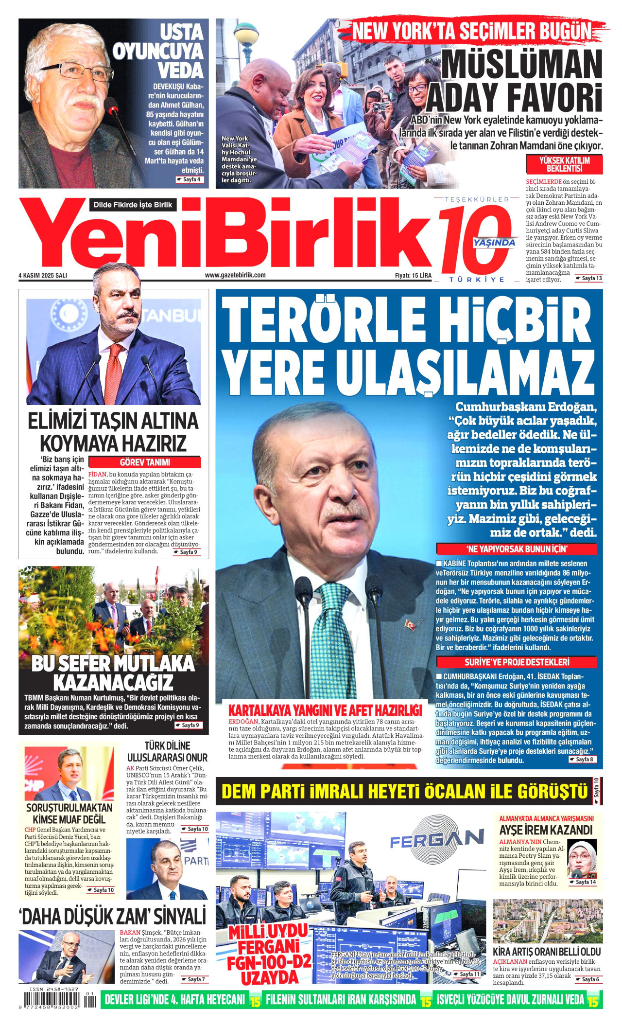 YENİBİRLİK gazetesinin 4 Kasım 2025 tarihli birinci sayfası
