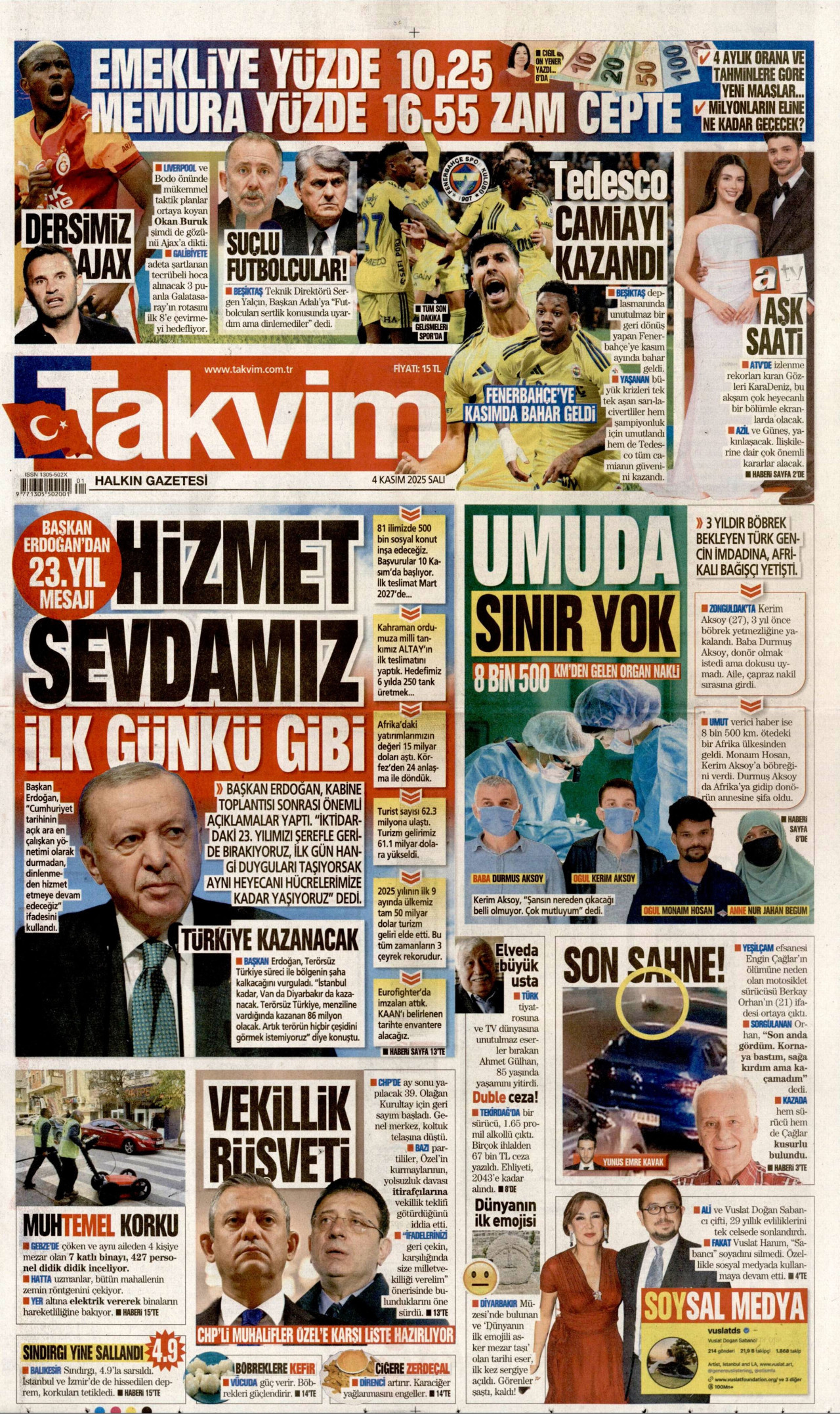 TAKVİM gazetesinin 4 Kasım 2025 tarihli birinci sayfası