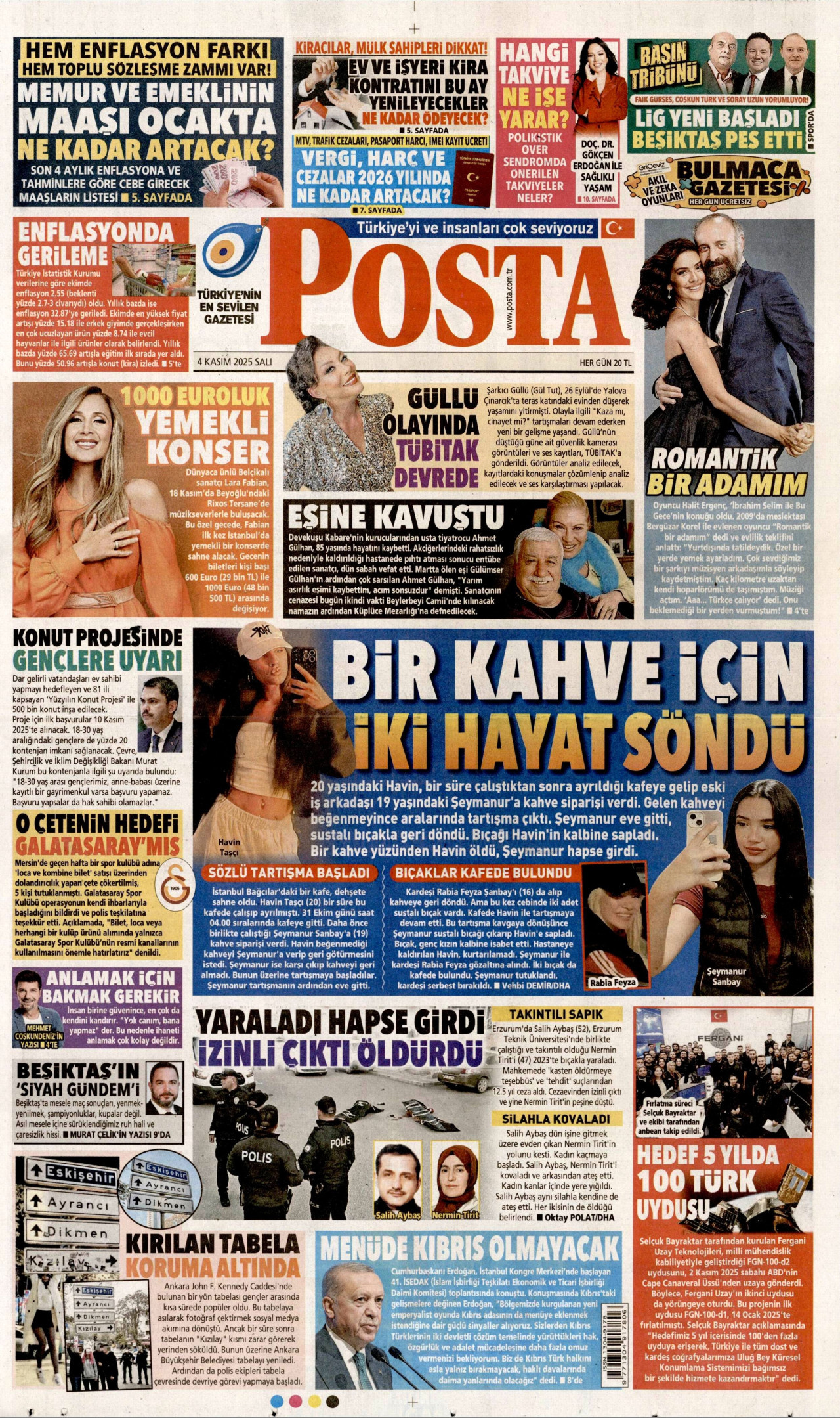 POSTA gazetesinin 4 Kasım 2025 tarihli birinci sayfası