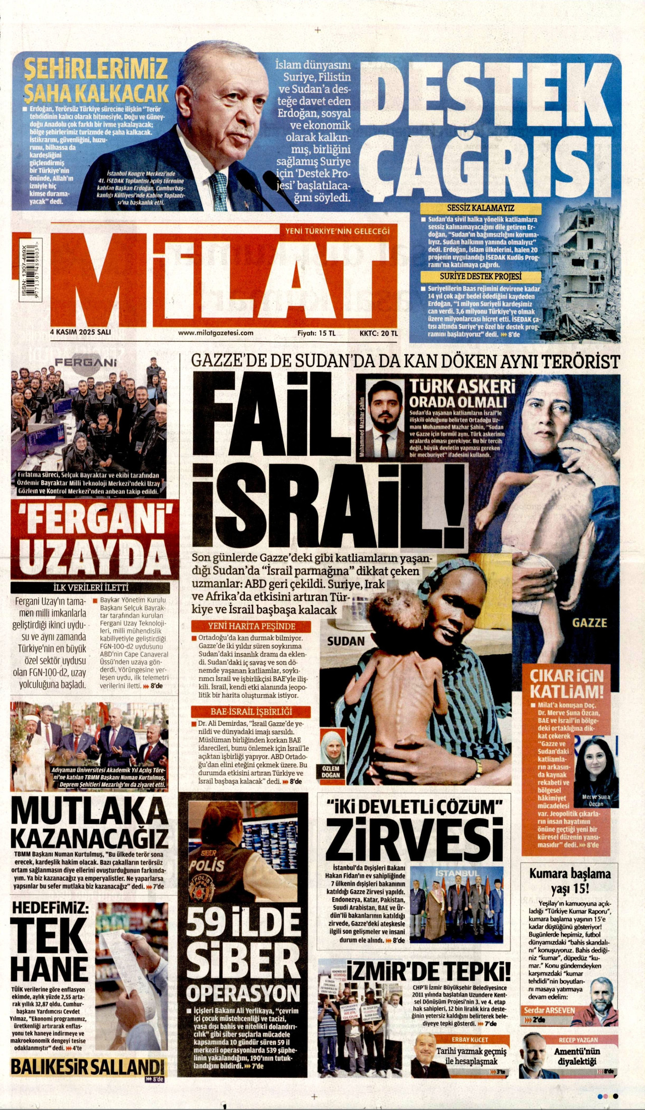 MİLAT gazetesinin 4 Kasım 2025 tarihli birinci sayfası