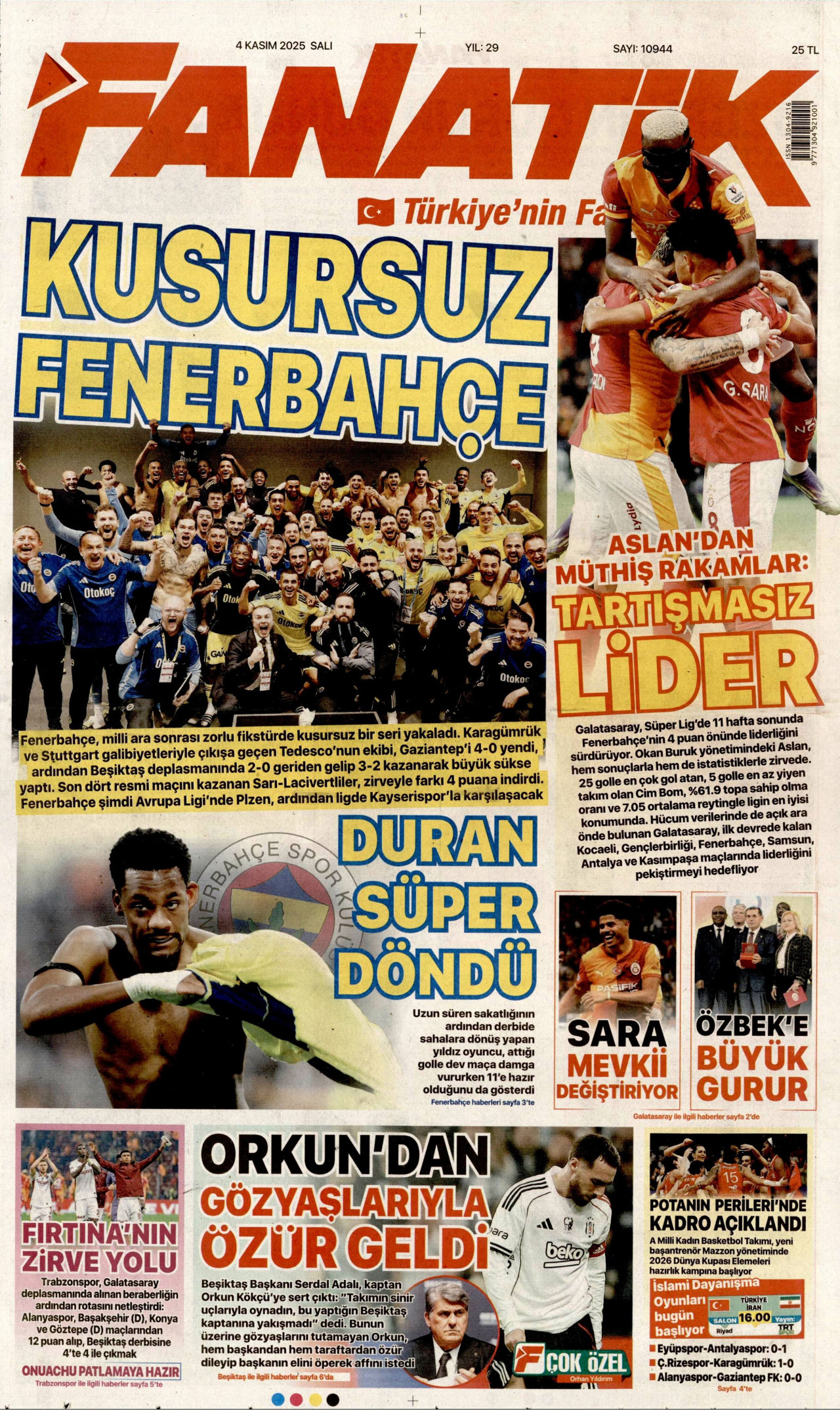 FANATİK gazetesinin 4 Kasım 2025 tarihli birinci sayfası