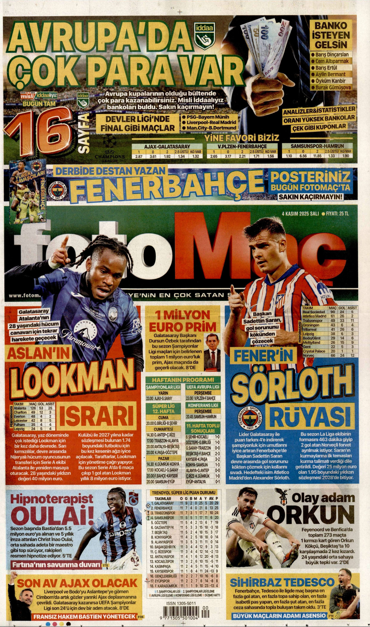 FOTOMAÇ gazetesinin 4 Kasım 2025 tarihli birinci sayfası