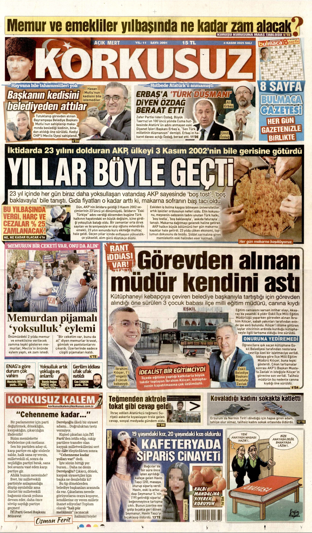 KORKUSUZ gazetesinin 4 Kasım 2025 tarihli birinci sayfası