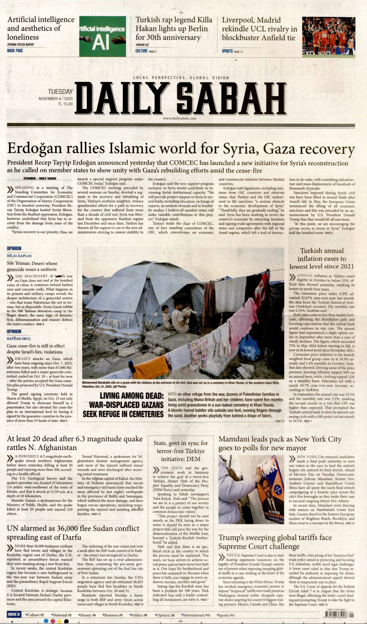 DAİLY SABAH gazetesinin 4 Kasım 2025 tarihli birinci sayfası