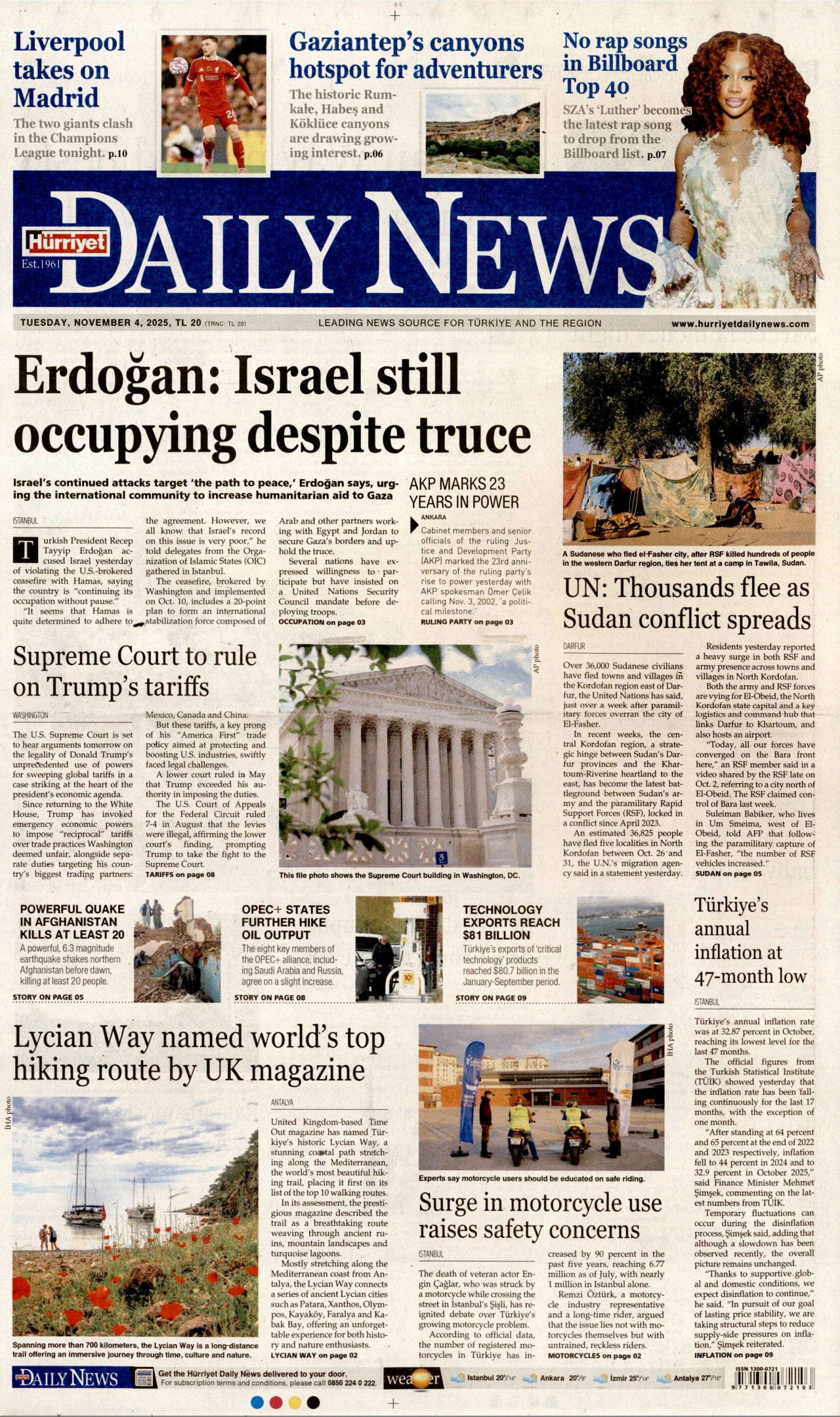 HÜRRİYET DAİLY NEWS gazetesinin 4 Kasım 2025 tarihli birinci sayfası