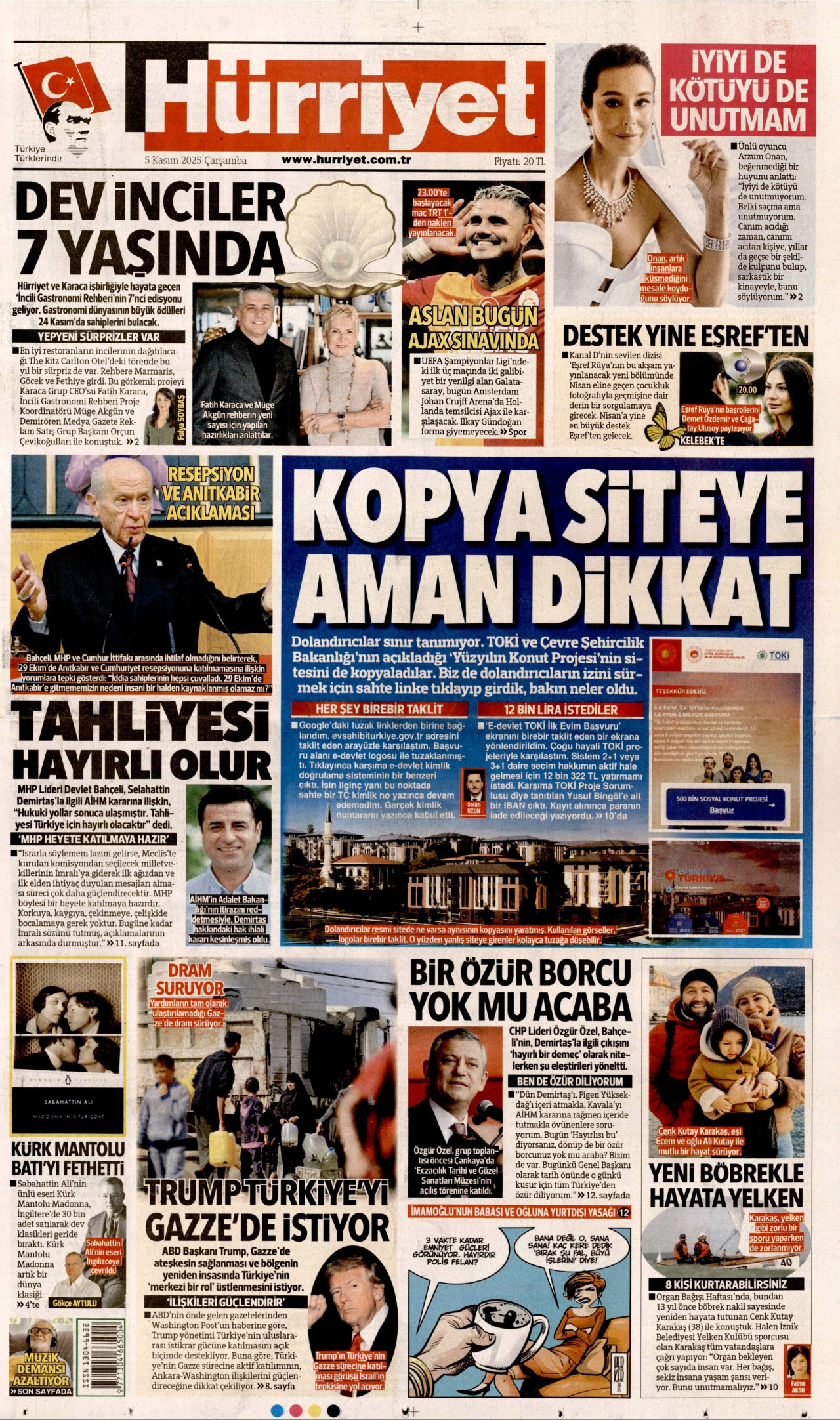 HÜRRİYET gazetesinin 5 Kasım 2025 tarihli birinci sayfası
