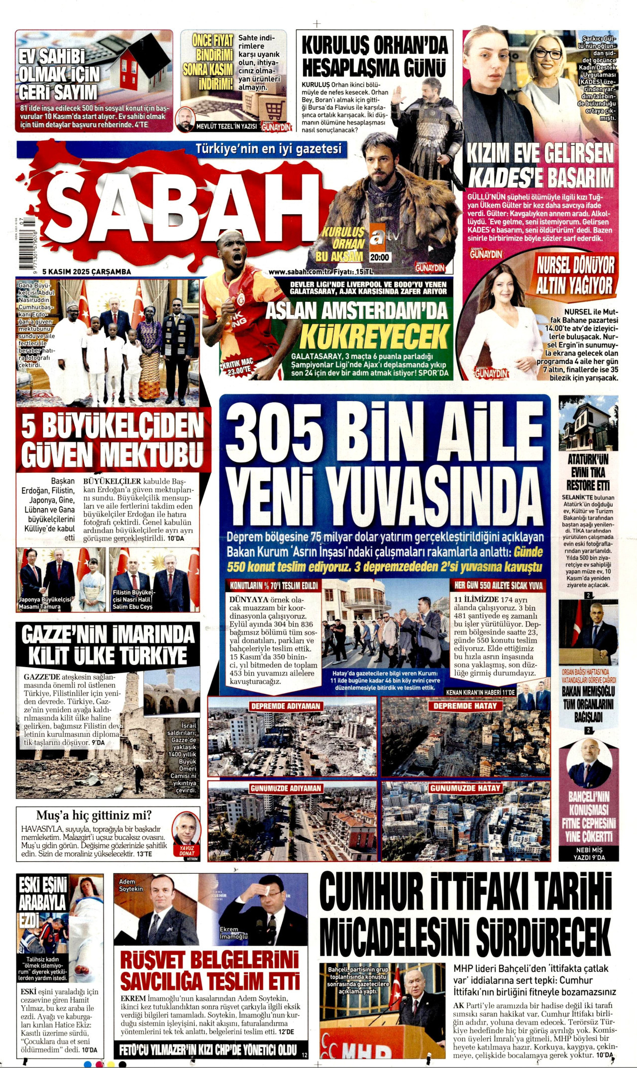 SABAH gazetesinin 5 Kasım 2025 tarihli birinci sayfası