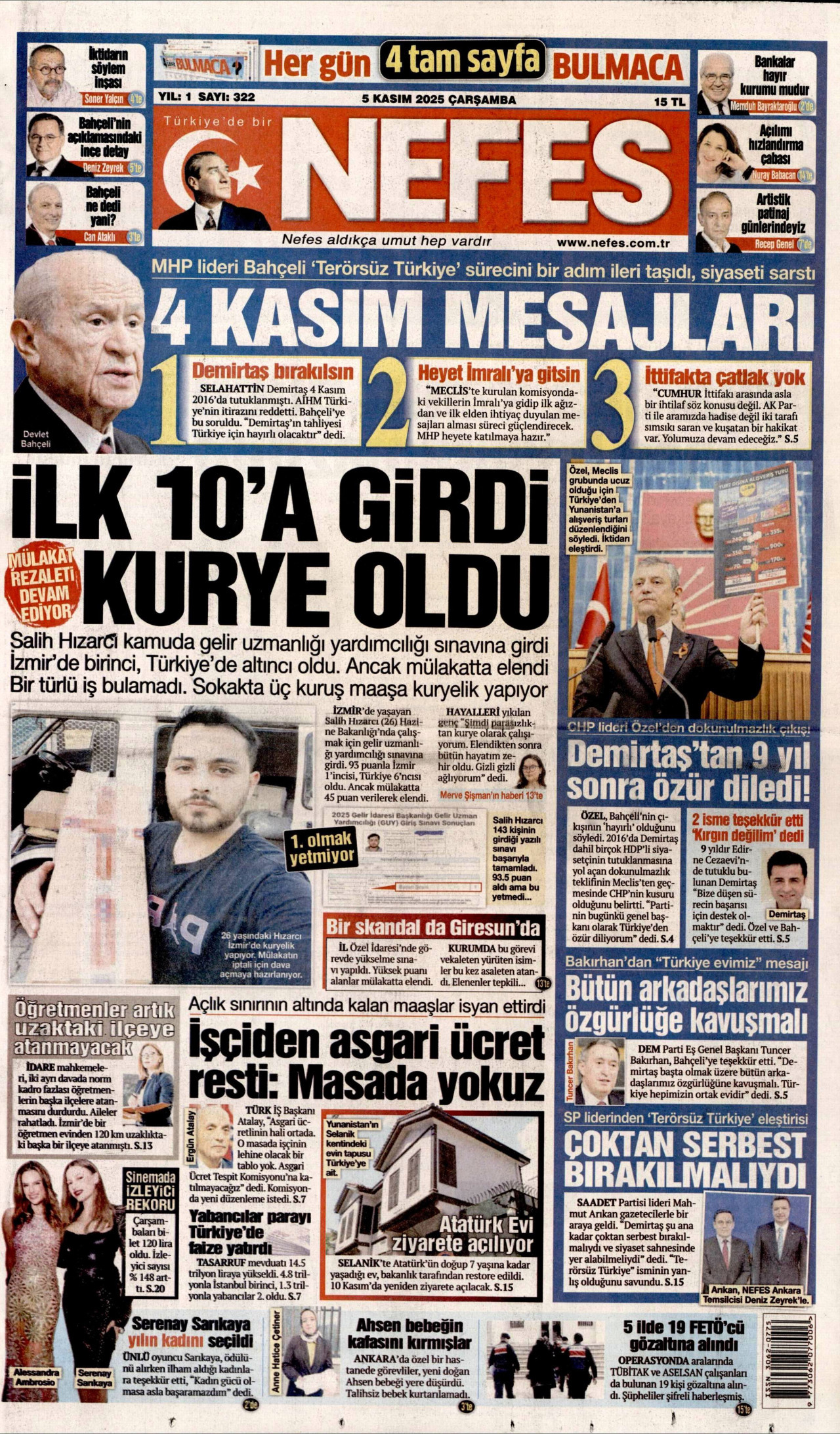 NEFES gazetesinin 5 Kasım 2025 tarihli birinci sayfası