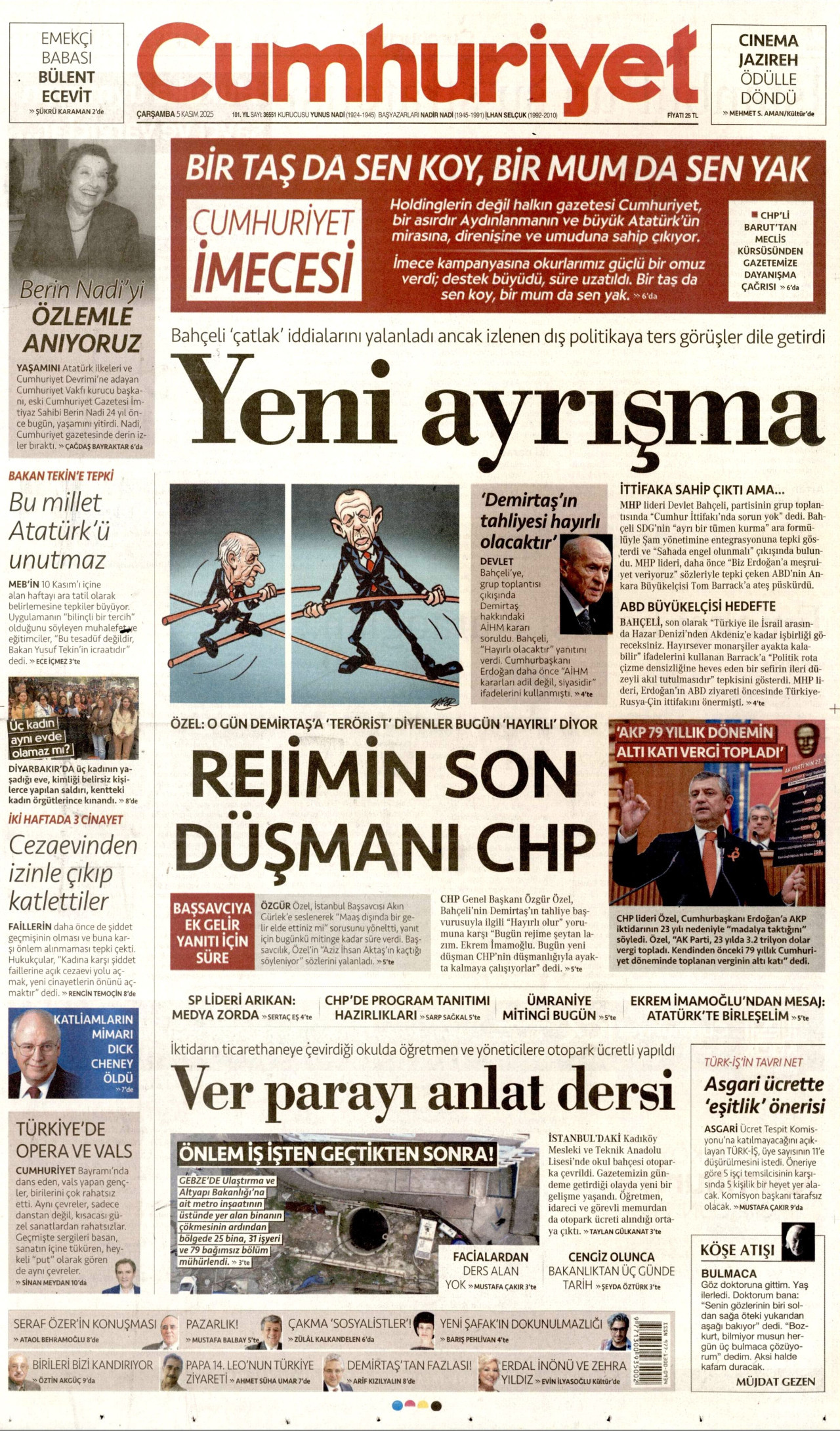 CUMHURİYET gazetesinin 5 Kasım 2025 tarihli birinci sayfası