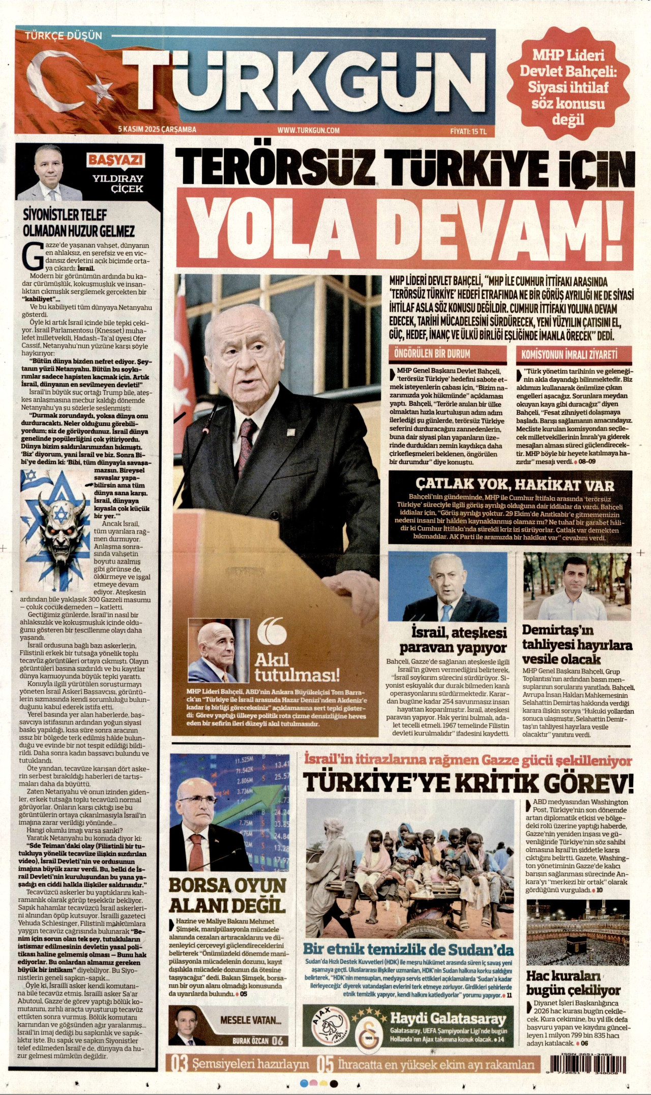 TÜRKGÜN gazetesinin 5 Kasım 2025 tarihli birinci sayfası