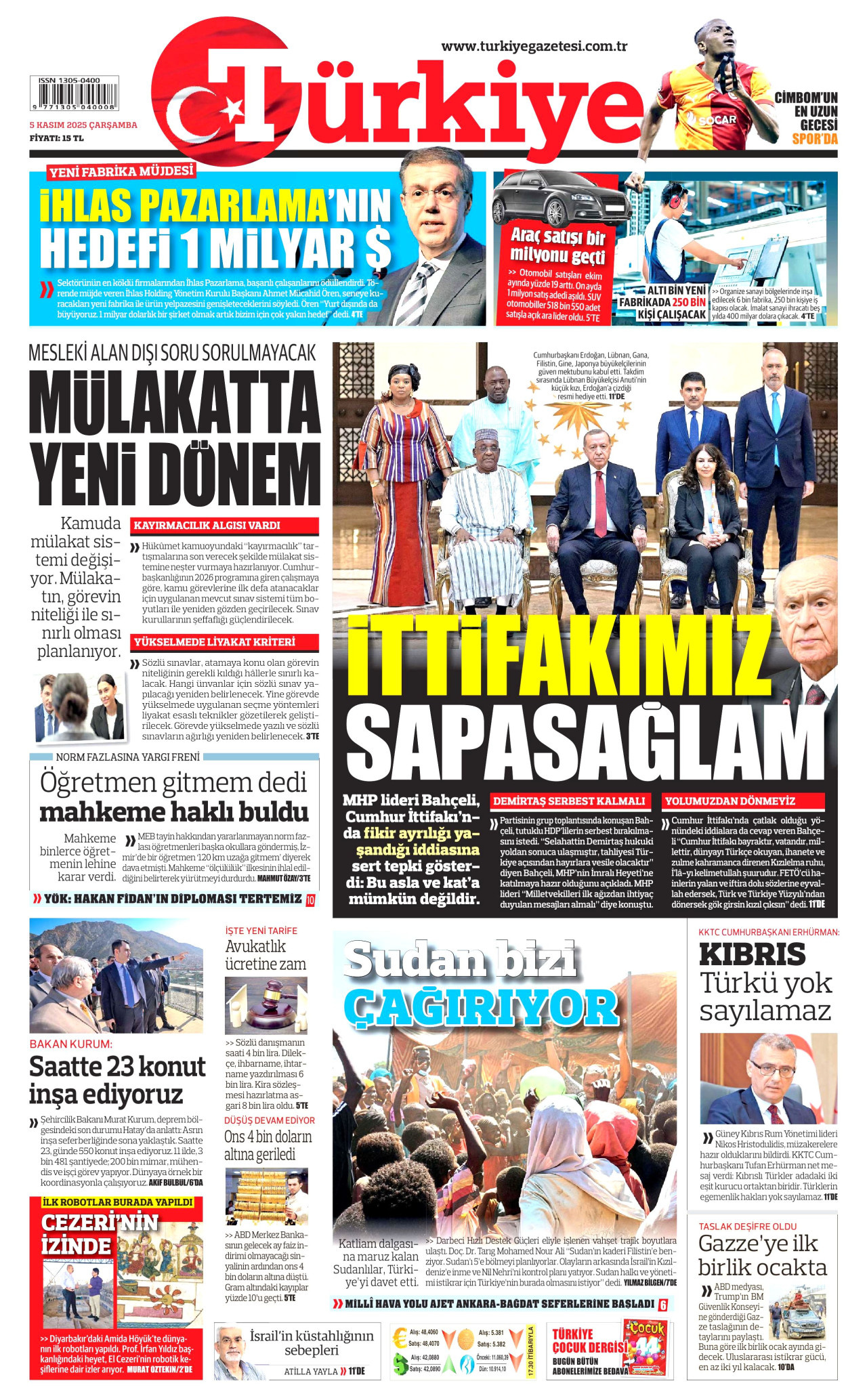 TÜRKİYE GAZETESİ gazetesinin 5 Kasım 2025 tarihli birinci sayfası