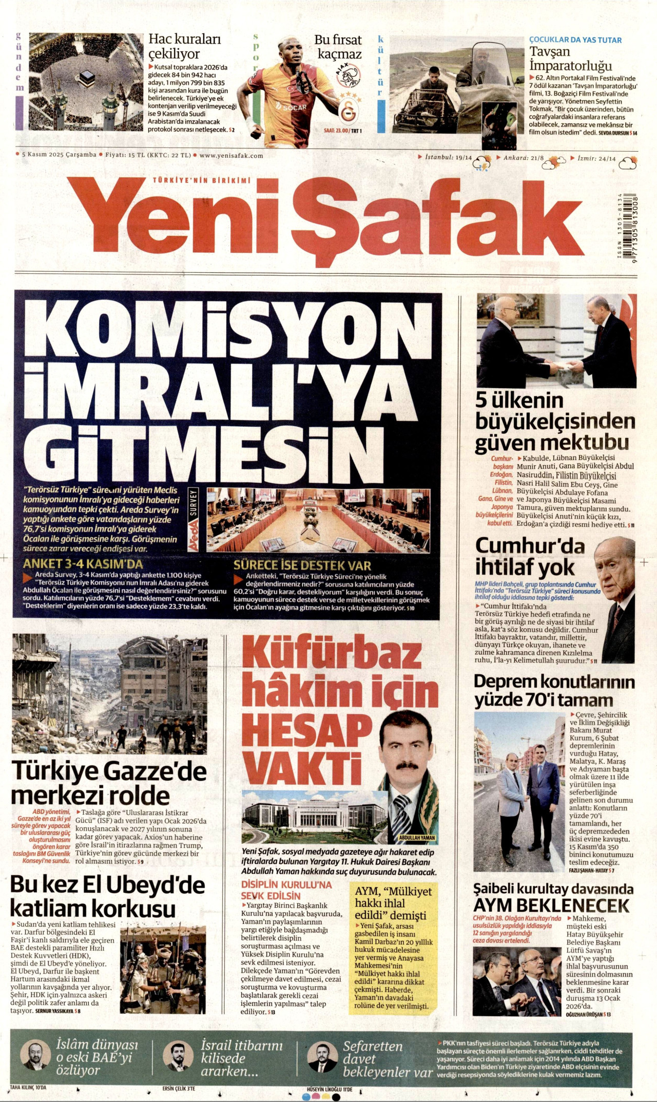 YENİ ŞAFAK gazetesinin 5 Kasım 2025 tarihli birinci sayfası