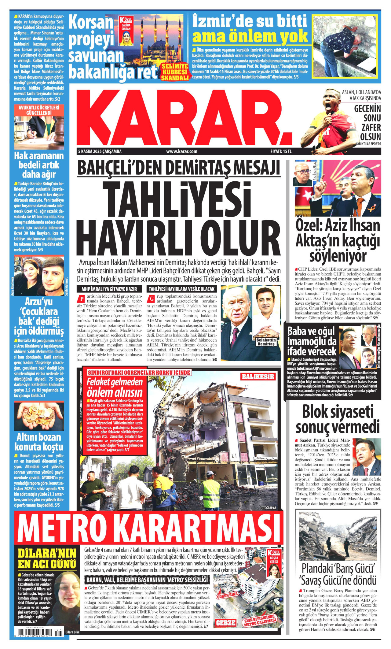 KARAR gazetesinin 5 Kasım 2025 tarihli birinci sayfası