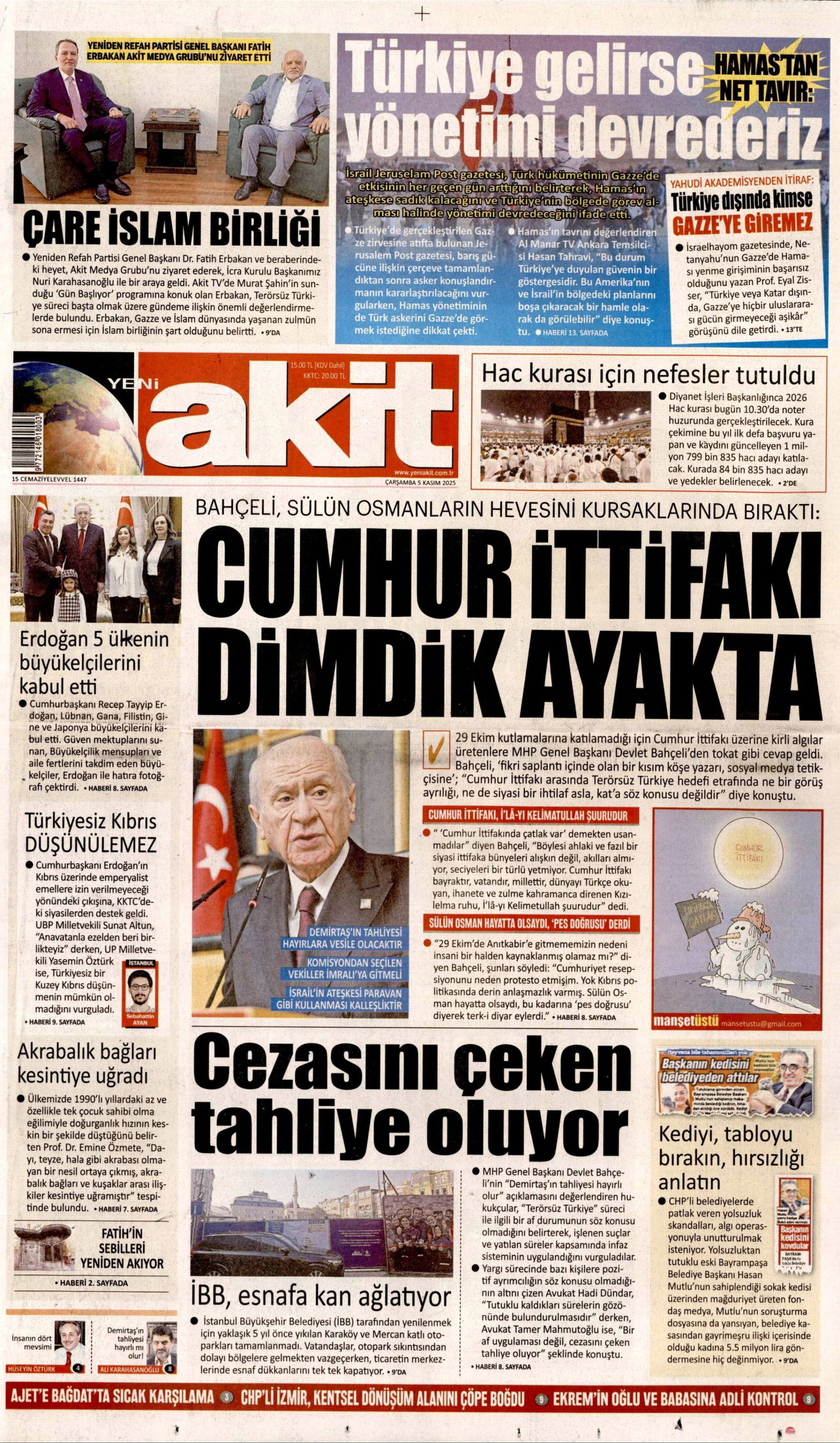 YENİ AKİT gazetesinin 5 Kasım 2025 tarihli birinci sayfası