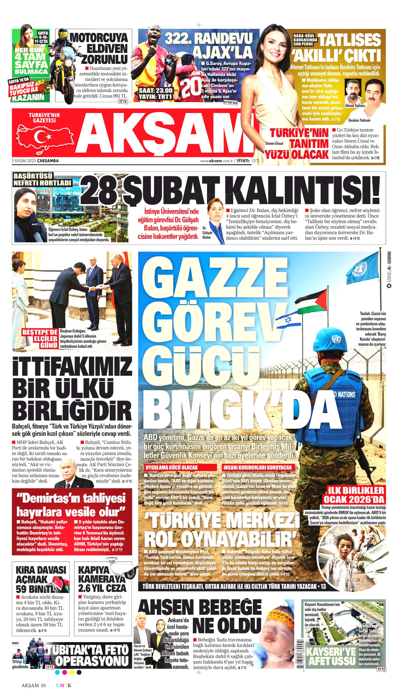 AKŞAM gazetesinin 5 Kasım 2025 tarihli birinci sayfası