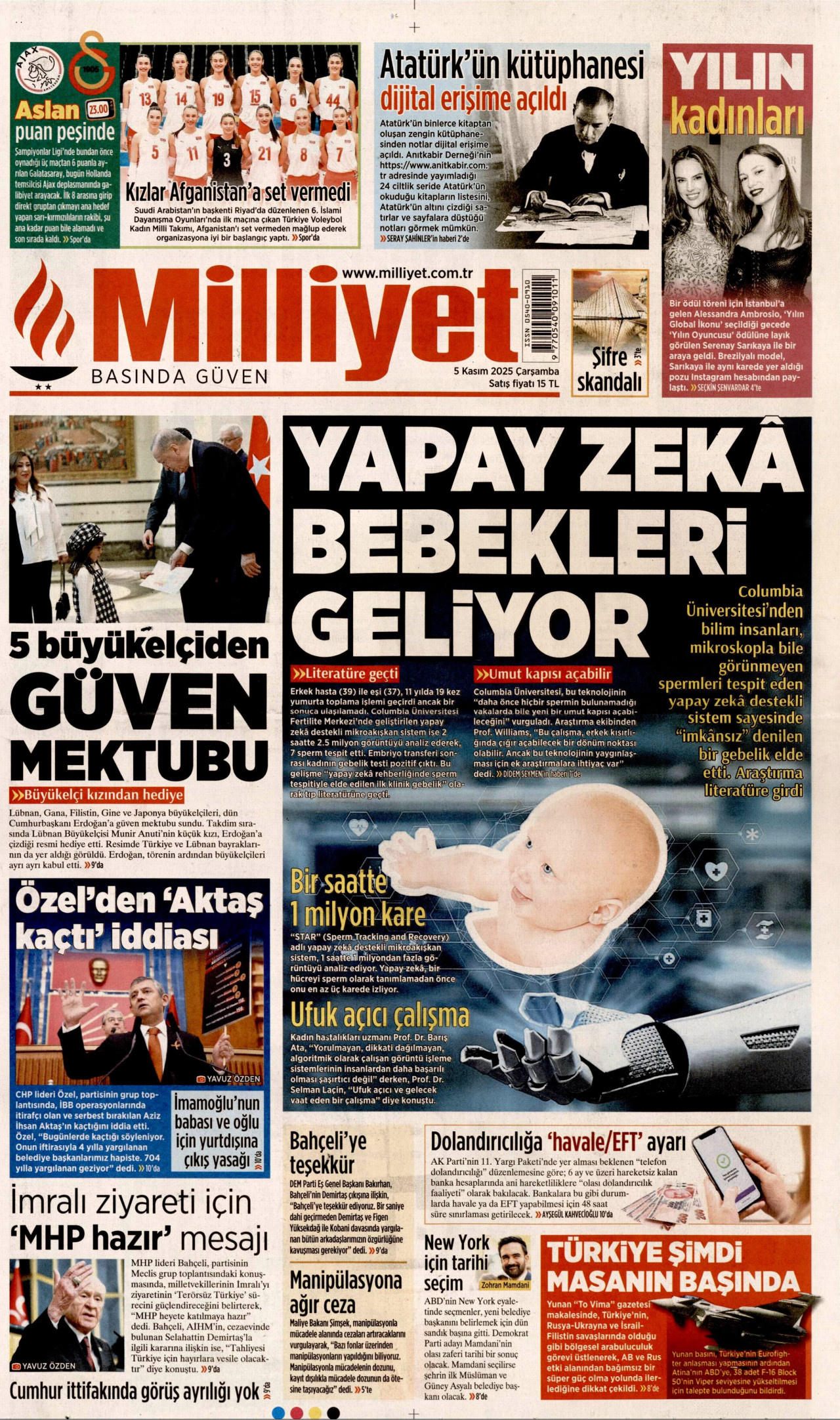 MİLLİYET gazetesinin 5 Kasım 2025 tarihli birinci sayfası