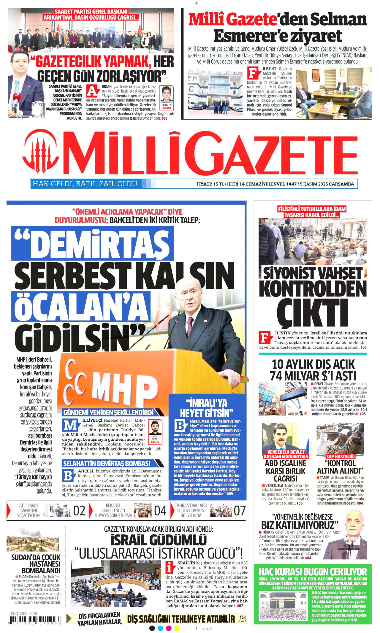 MİLLİ GAZETE gazetesinin 5 Kasım 2025 tarihli birinci sayfası