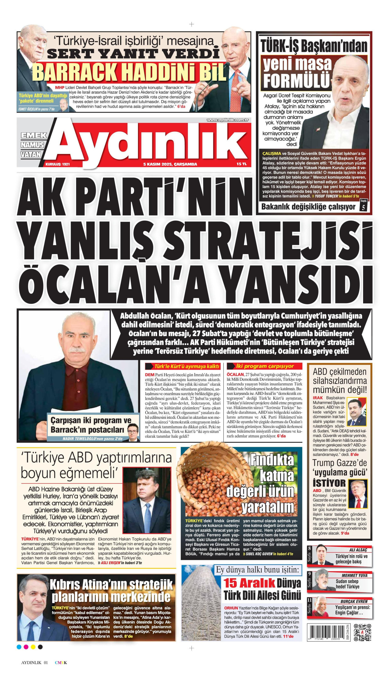 AYDINLIK GAZETESİ gazetesinin 5 Kasım 2025 tarihli birinci sayfası