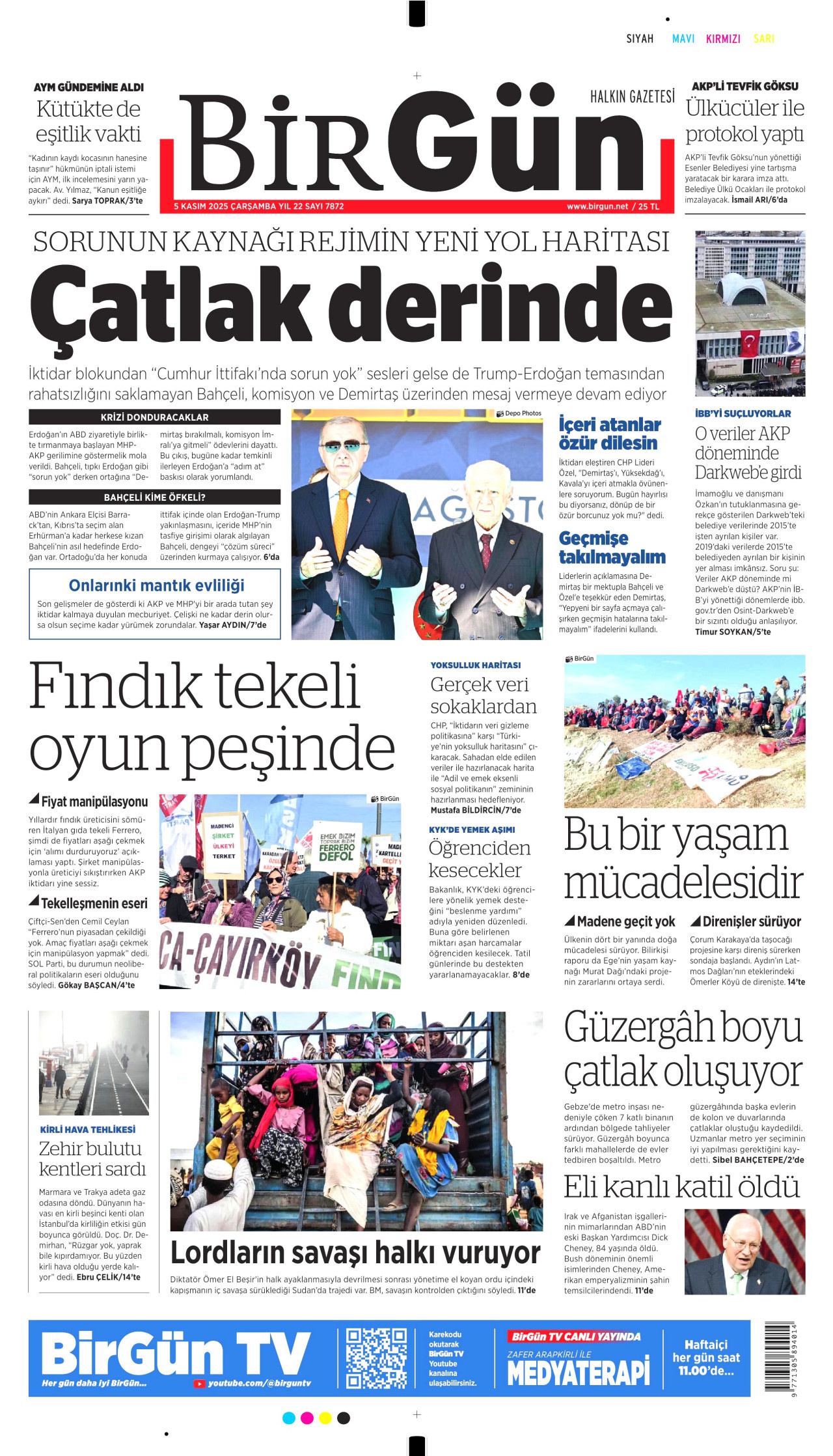 BİRGÜN gazetesinin 5 Kasım 2025 tarihli birinci sayfası