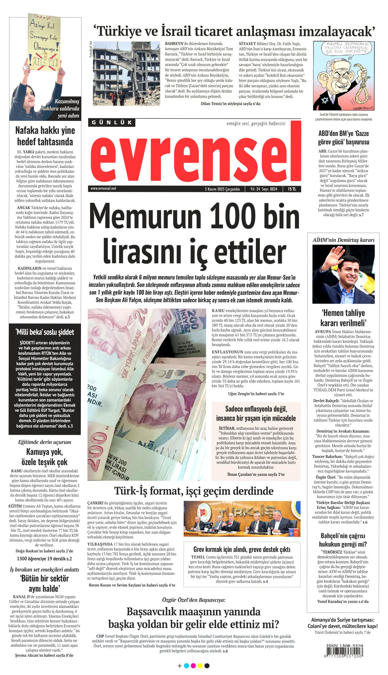 EVRENSEL gazetesinin 5 Kasım 2025 tarihli birinci sayfası